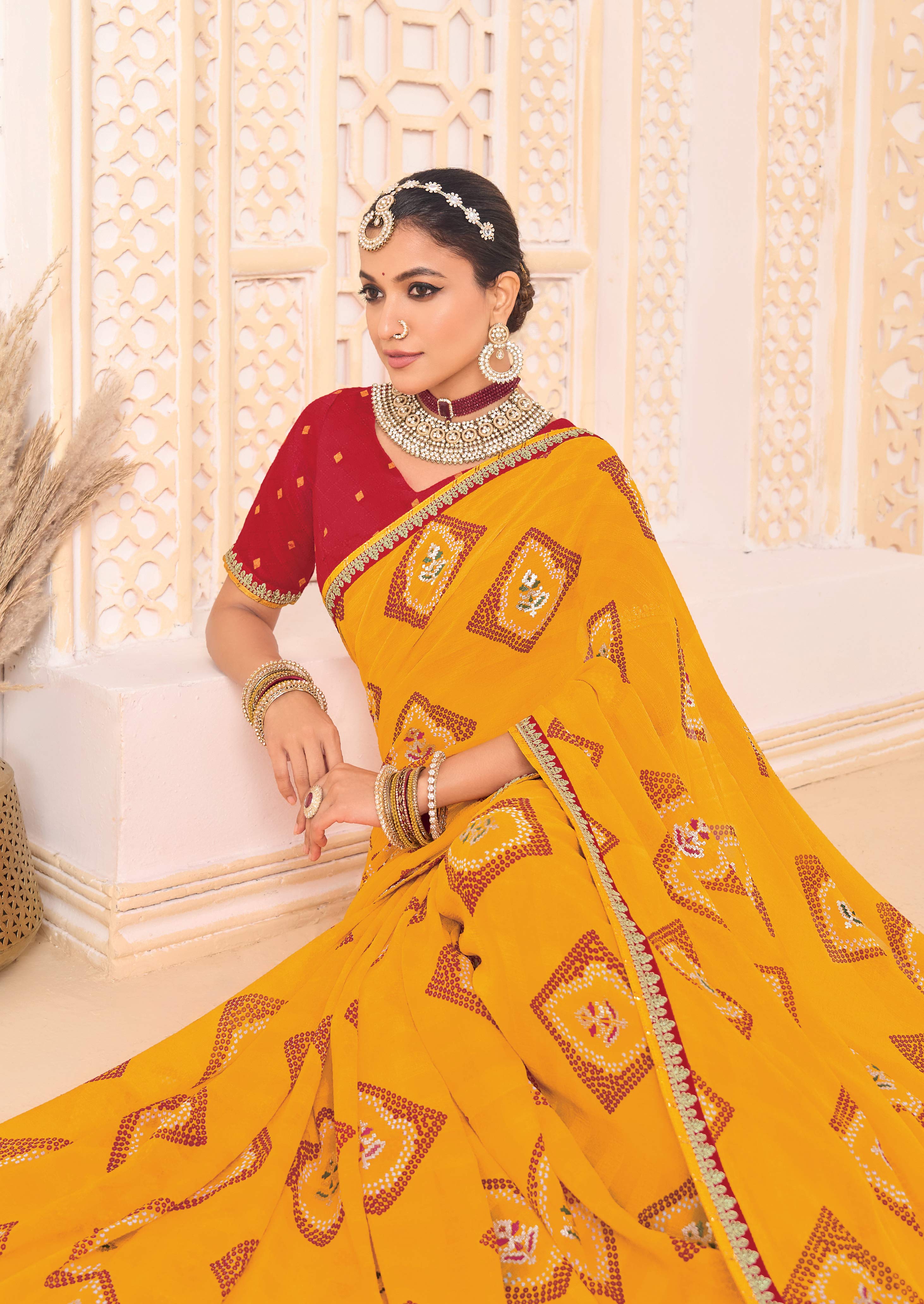 Laxmipati Ghoomar Mustard Bandhani Printed Saree
