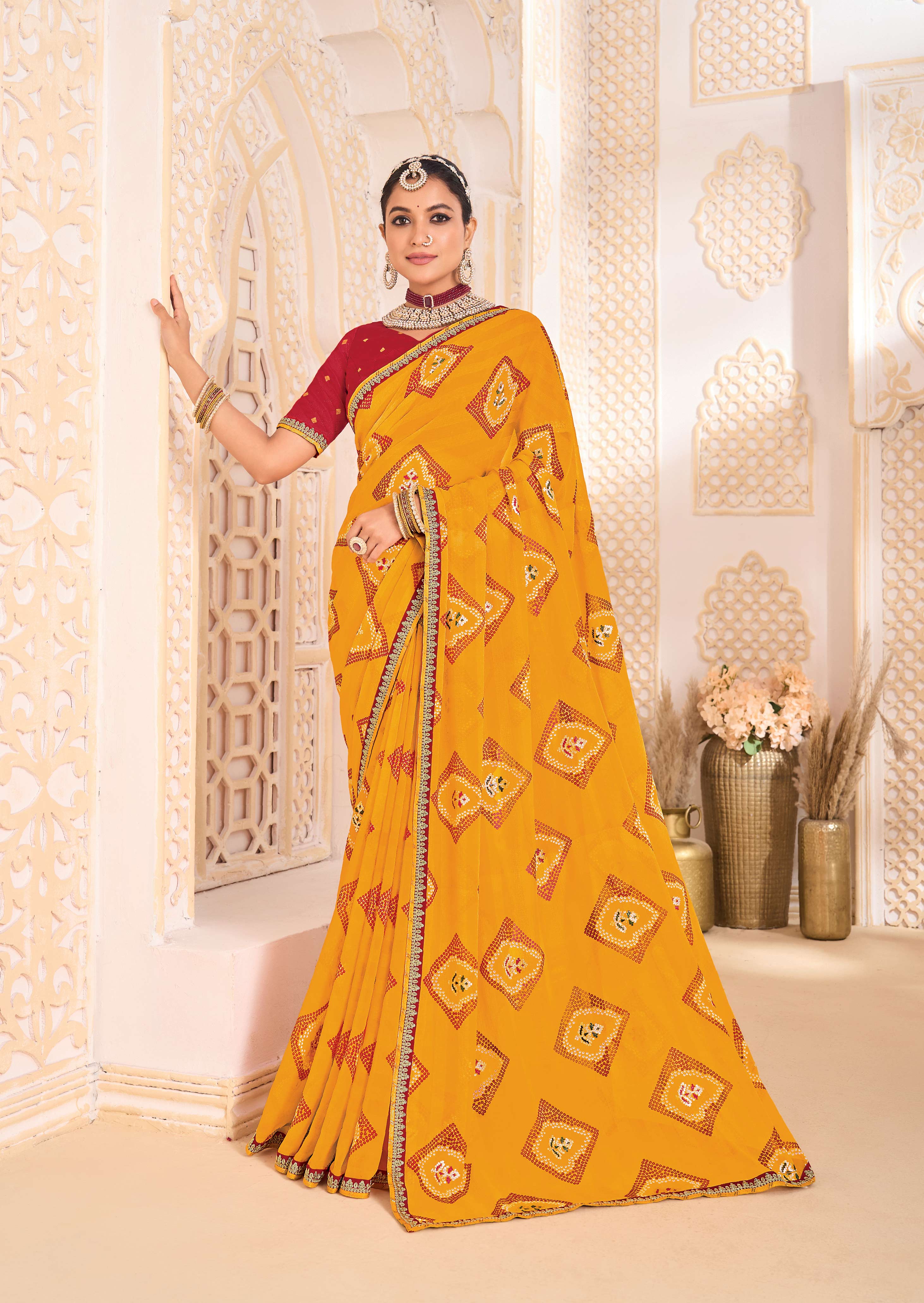 Laxmipati Ghoomar Mustard Bandhani Printed Saree