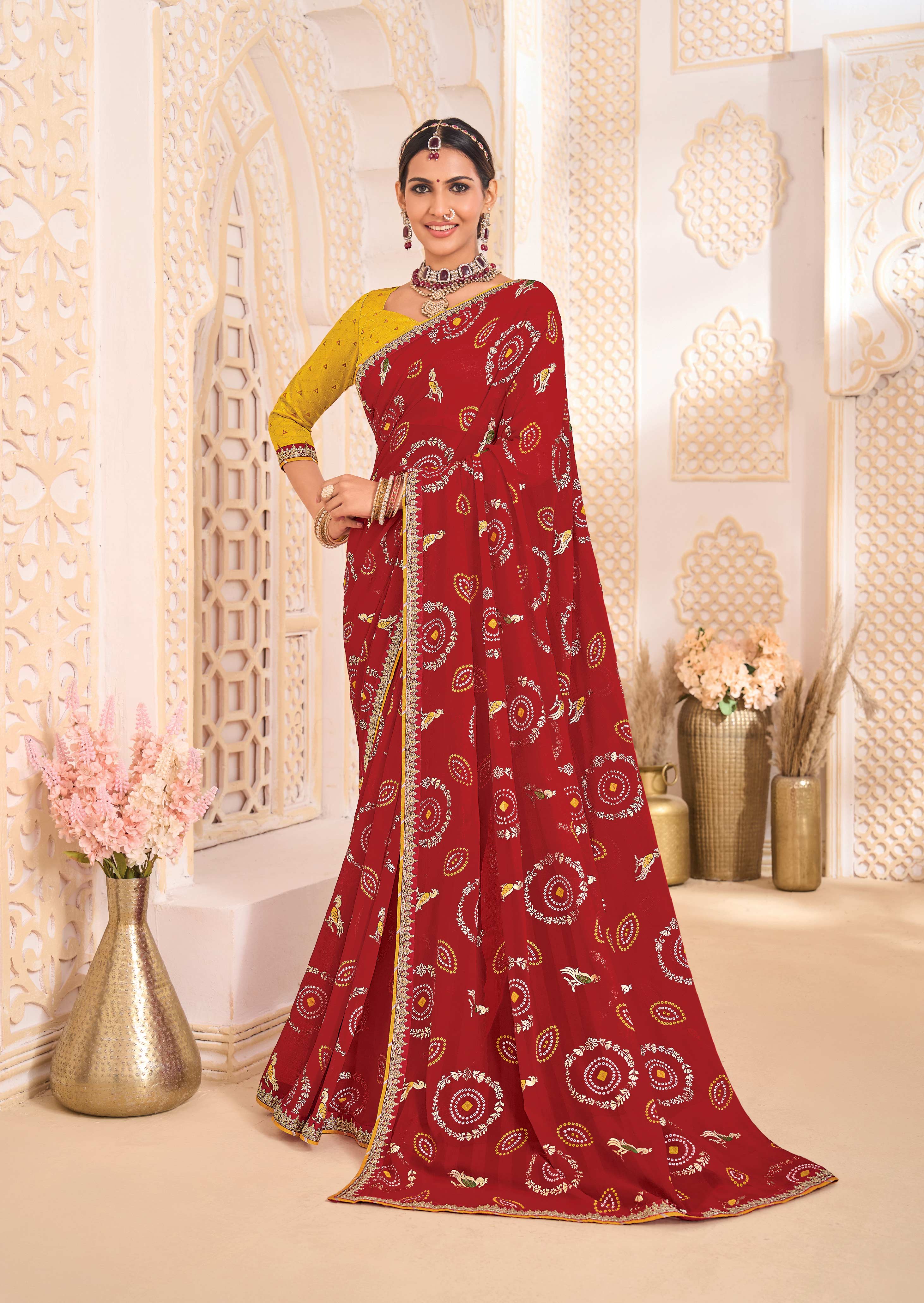 Laxmipati Ghoomar Maroon Bandhani Printed Saree