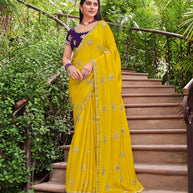 Yellow Silk Saree with Golden Zari and Stone Work