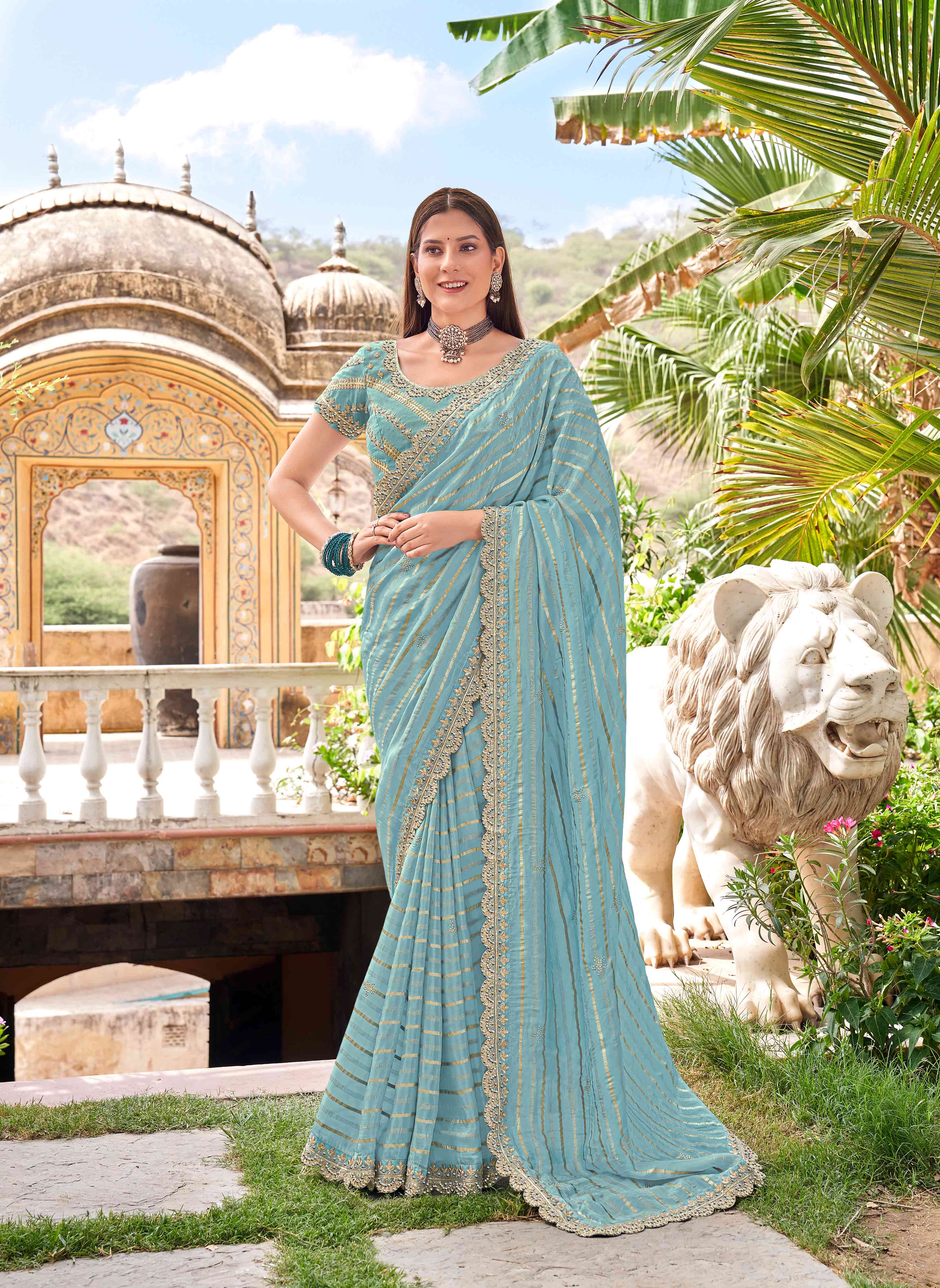Teal Blue Tissue Organza Saree
