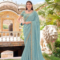 Teal Blue Tissue Organza Saree