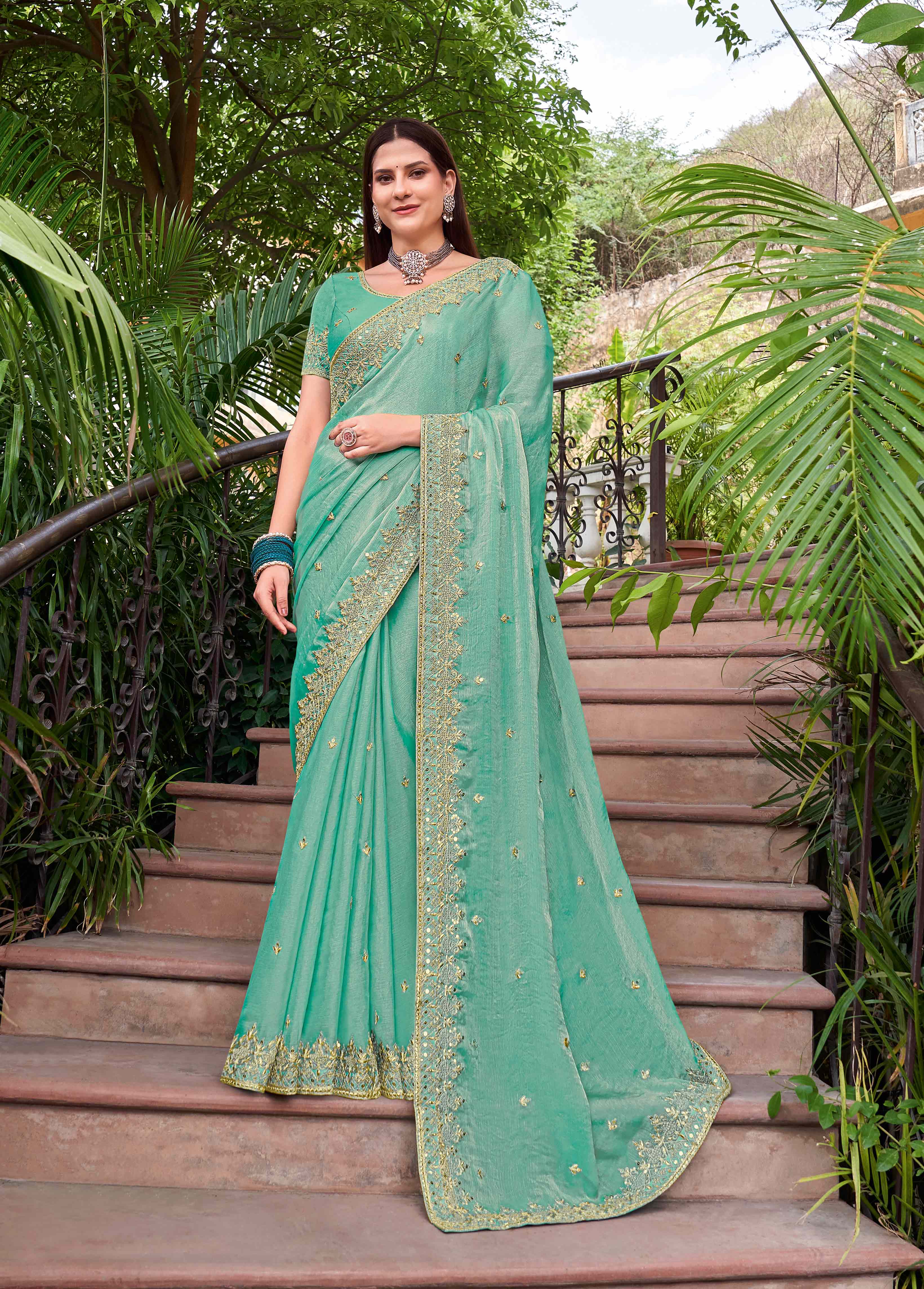 Teal Green Chiffon Saree