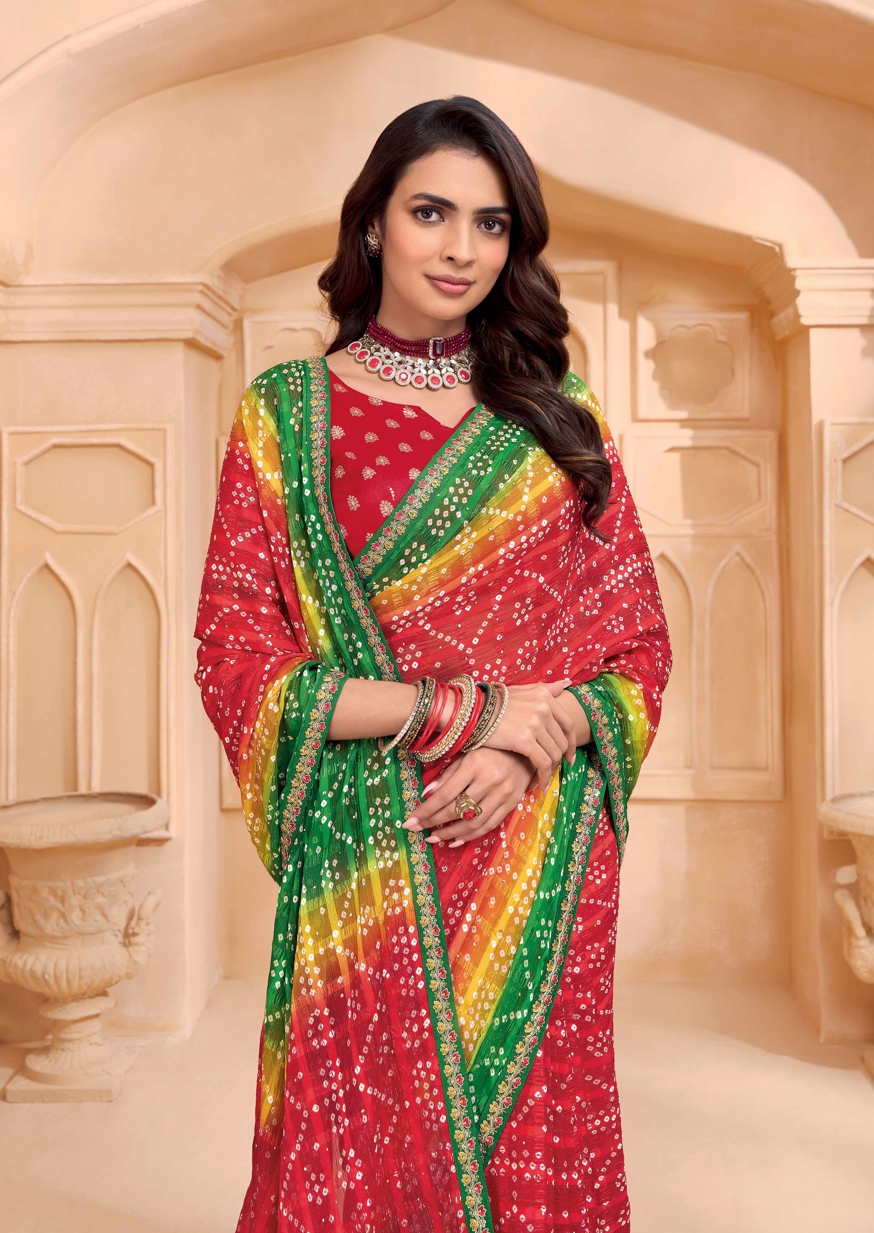 Laxmipati Tohfa Bandhani Printed Chiffon Saree in Red Color