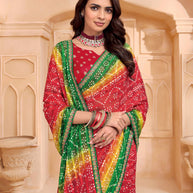 Laxmipati Tohfa Bandhani Printed Chiffon Saree in Red Color