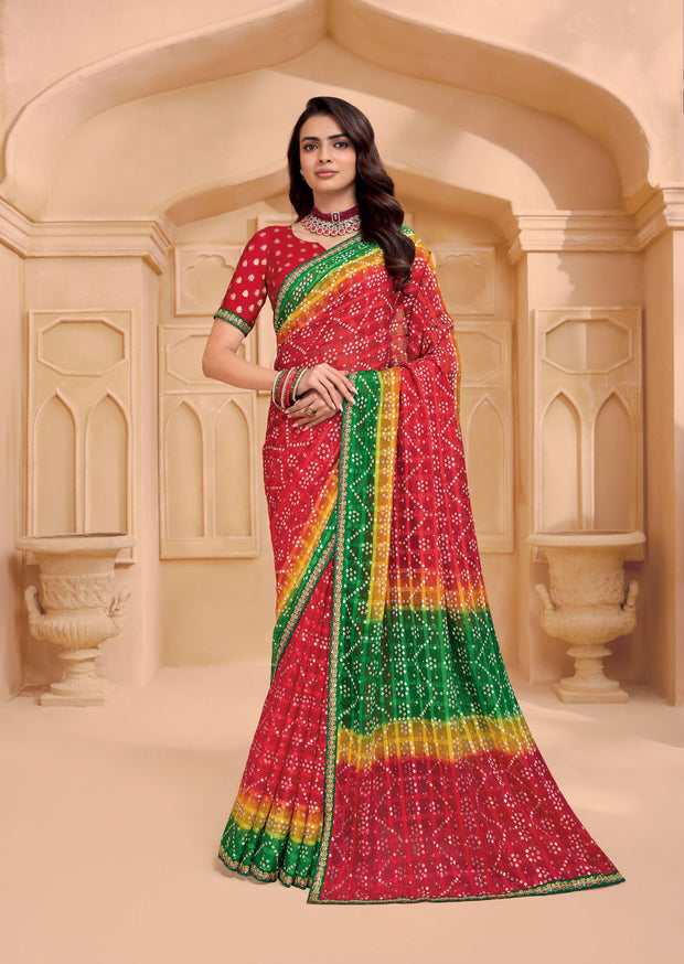 Laxmipati Tohfa Bandhani Printed Chiffon Saree in Red Color