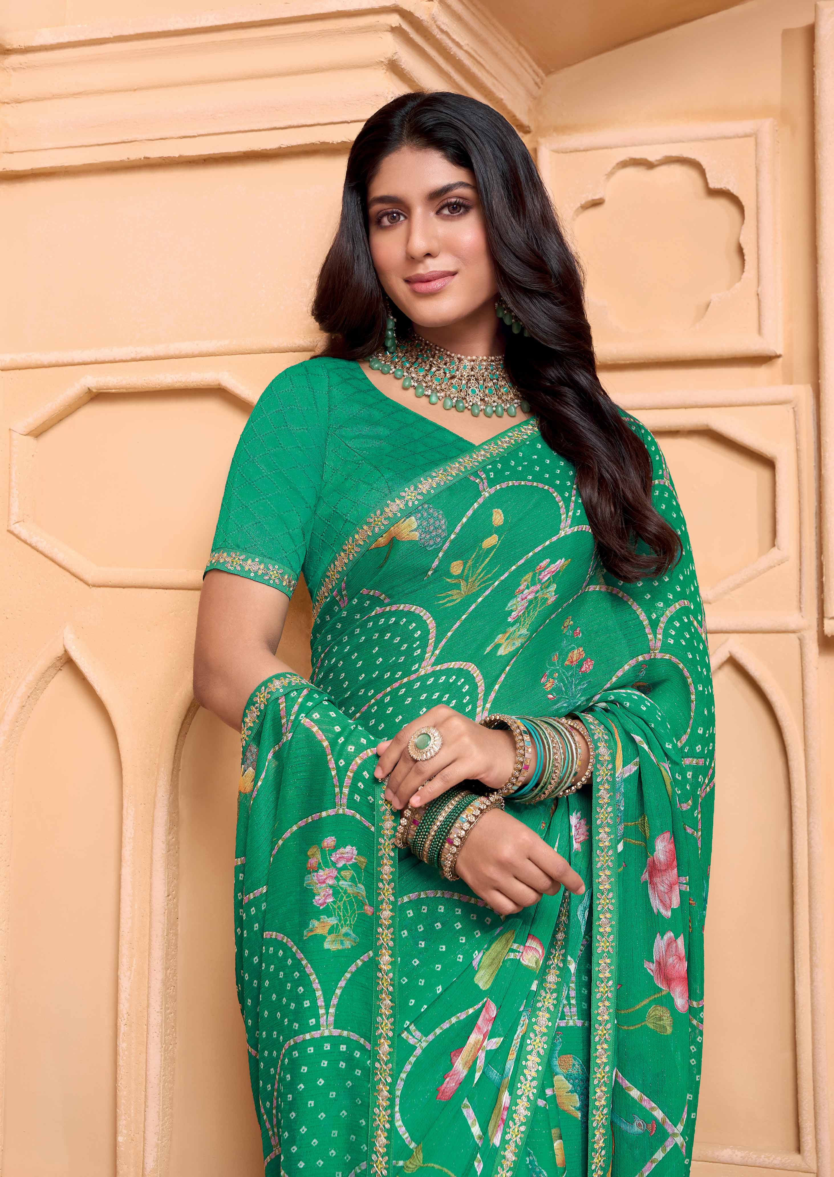 Laxmipati Tohfa Floral Printed Chiffon Saree in Teal Green