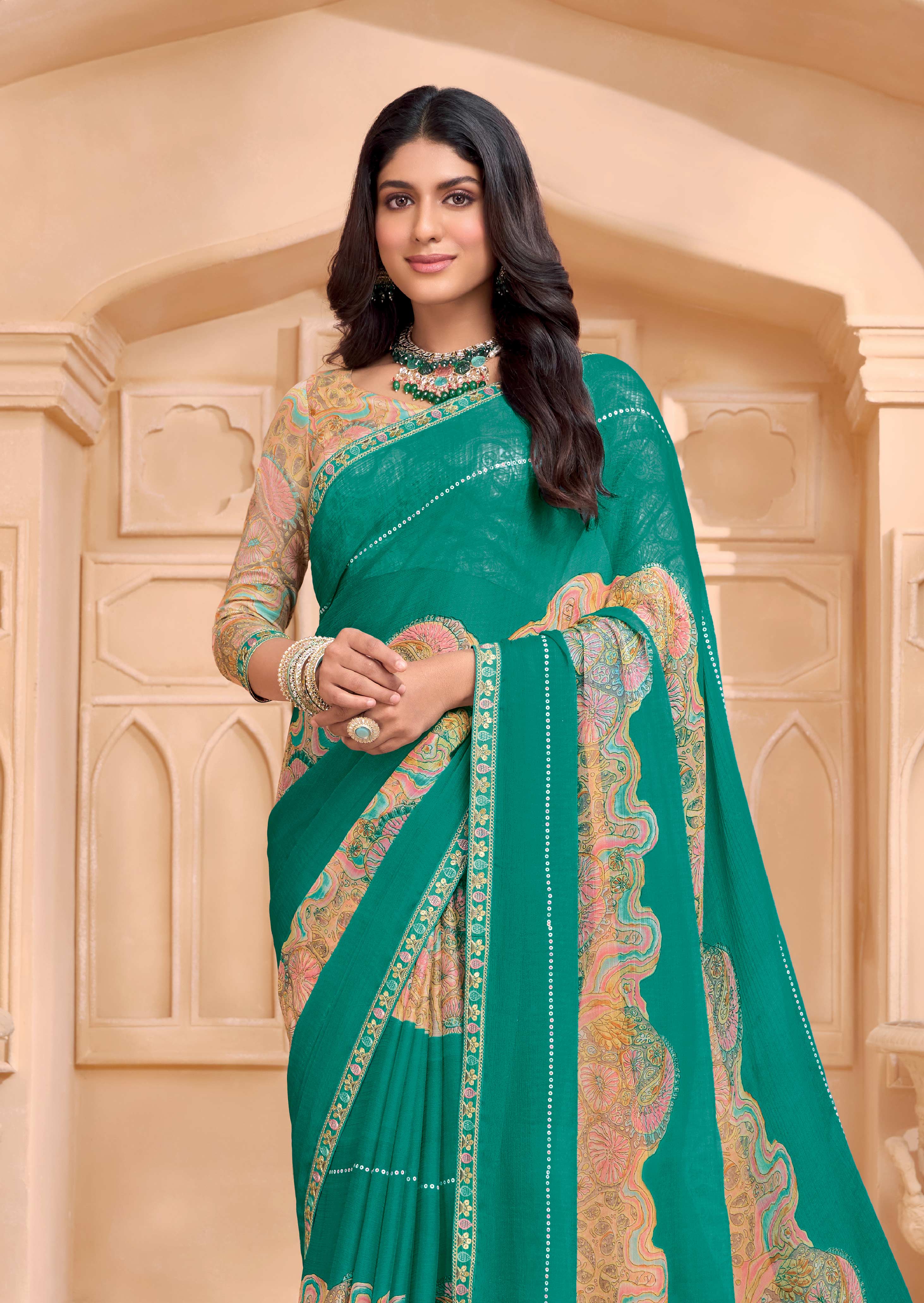 Laxmipati Tohfa Floral Printed Chiffon Saree in Teal Green