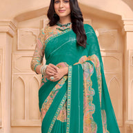 Laxmipati Tohfa Floral Printed Chiffon Saree in Teal Green