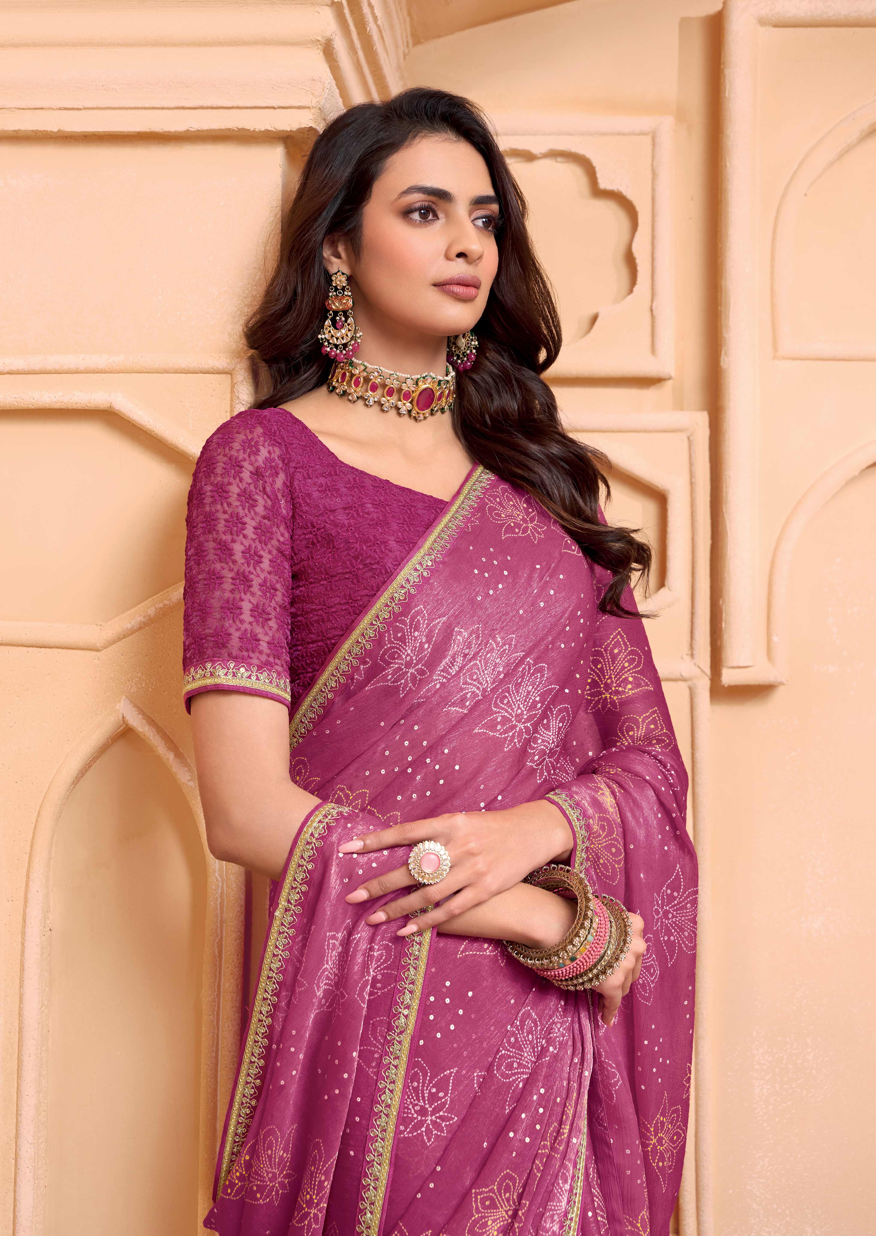 Laxmipati Tohfa Floral Printed Chiffon Saree in Pink Color