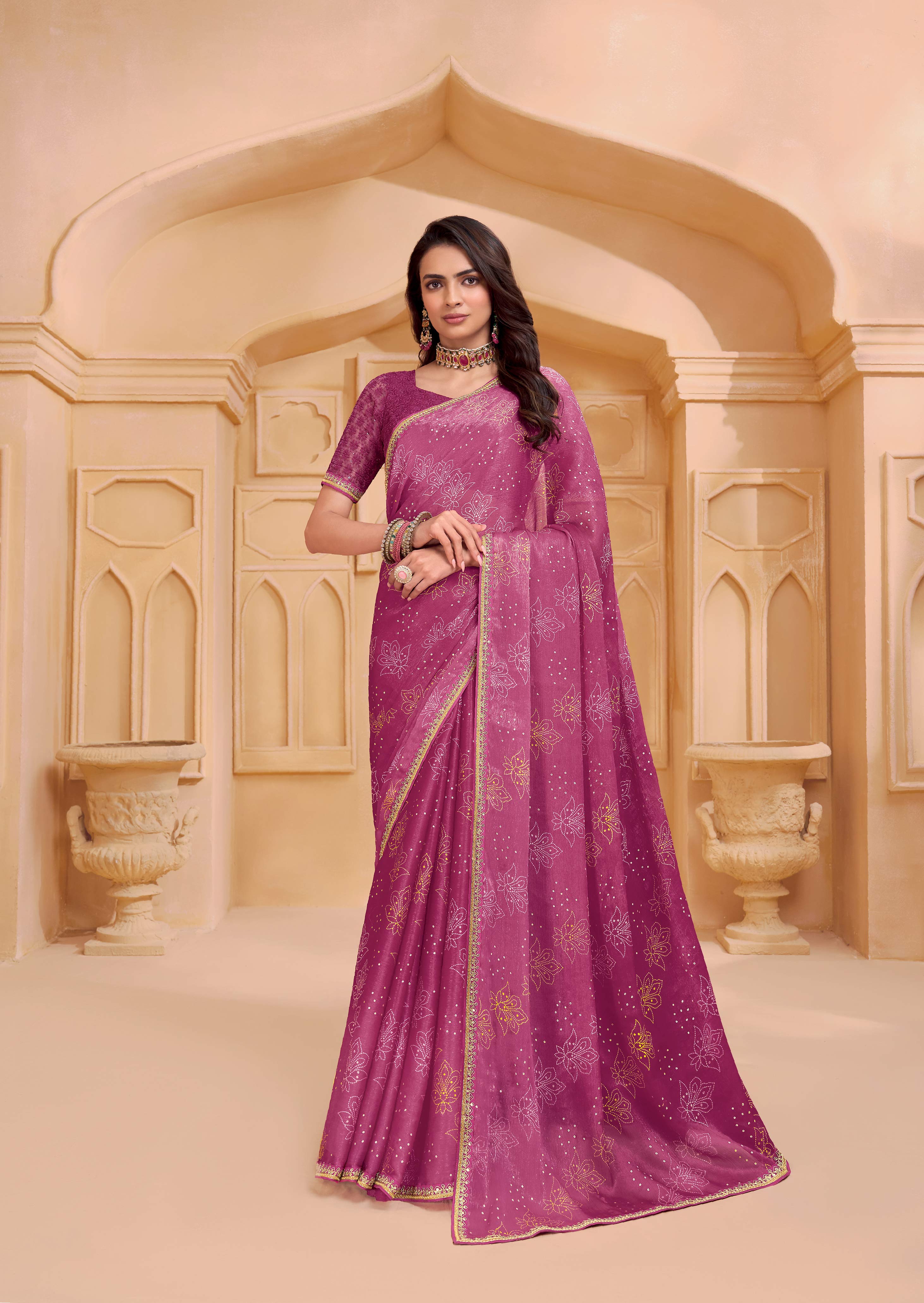 Laxmipati Tohfa Floral Printed Chiffon Saree in Pink Color