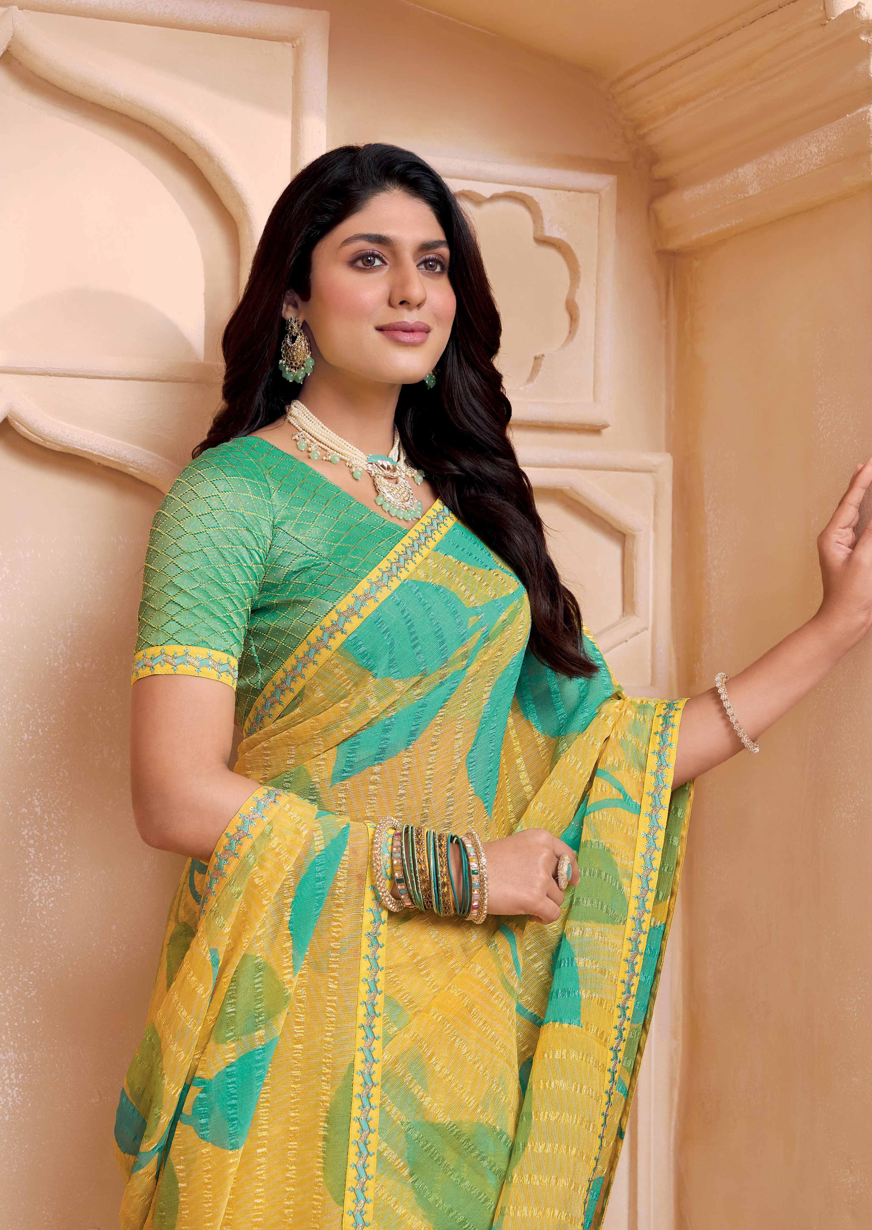 Laxmipati Tohfa Floral Printed Chiffon Saree in Yellow Color