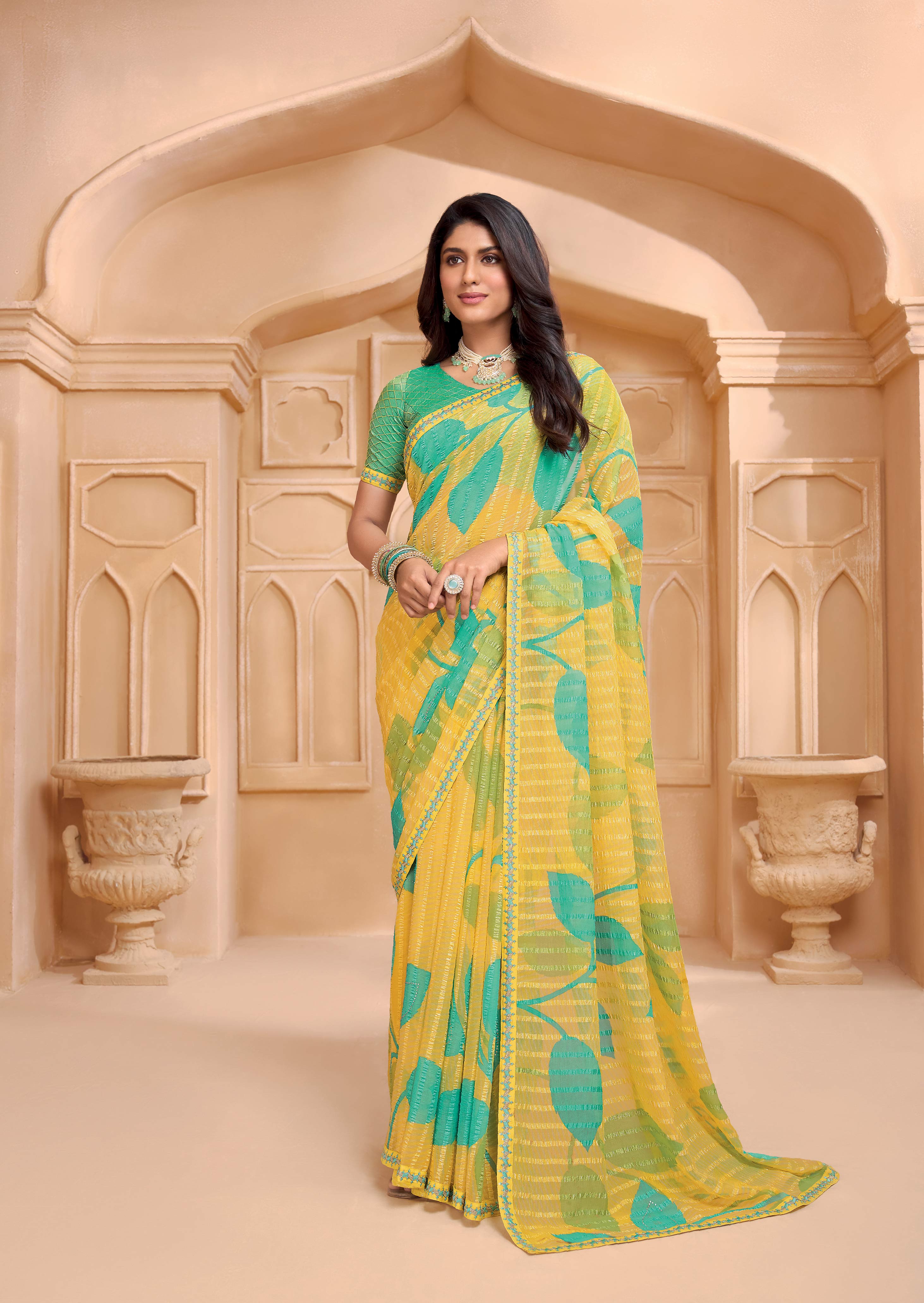 Laxmipati Tohfa Floral Printed Chiffon Saree in Yellow Color