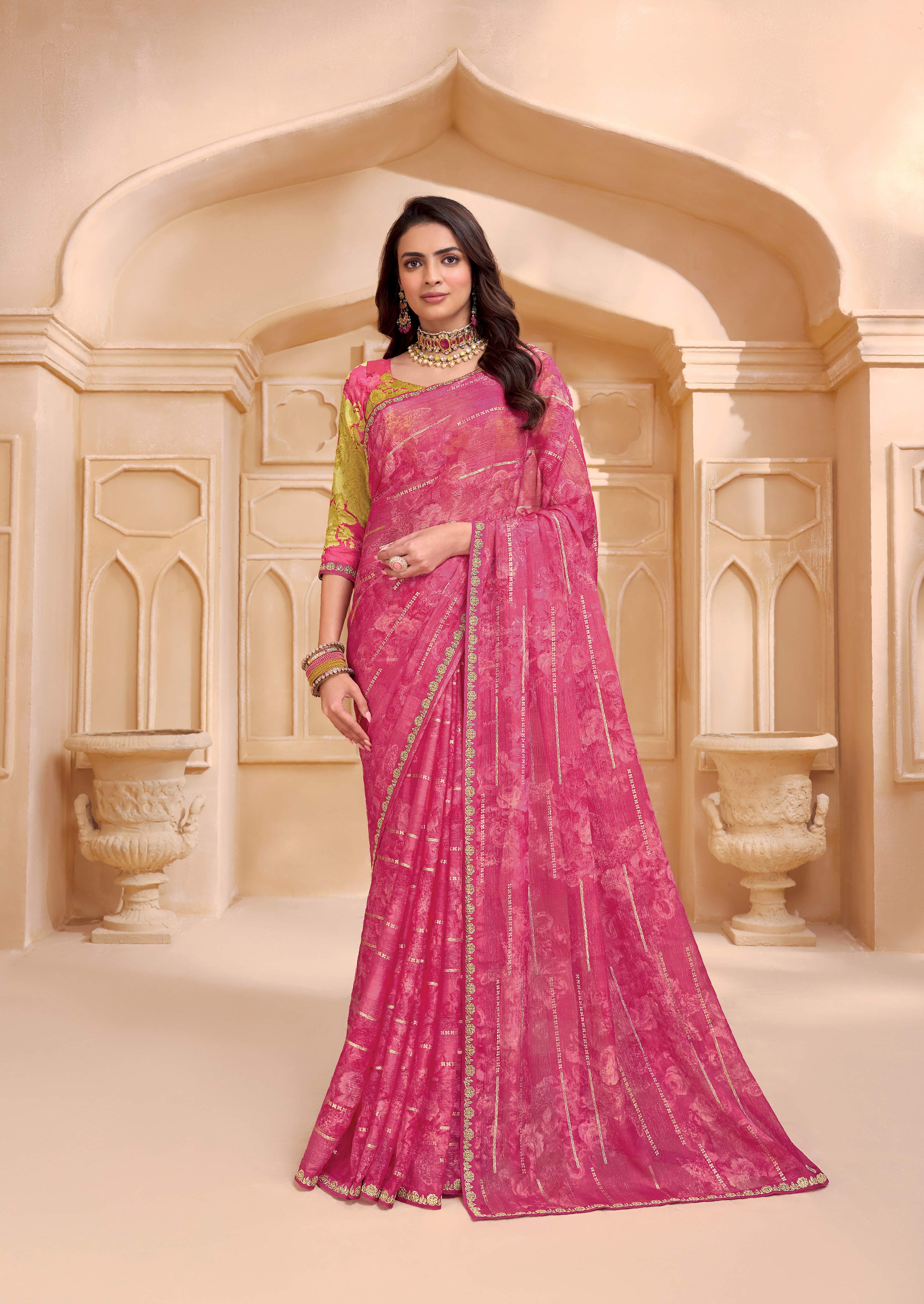 Laxmipati Tohfa Floral Printed Silk Saree in Pink Color
