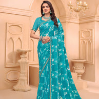 Laxmipati Tohfa Abstract Printed Chiffon Saree in Teal Blue Color