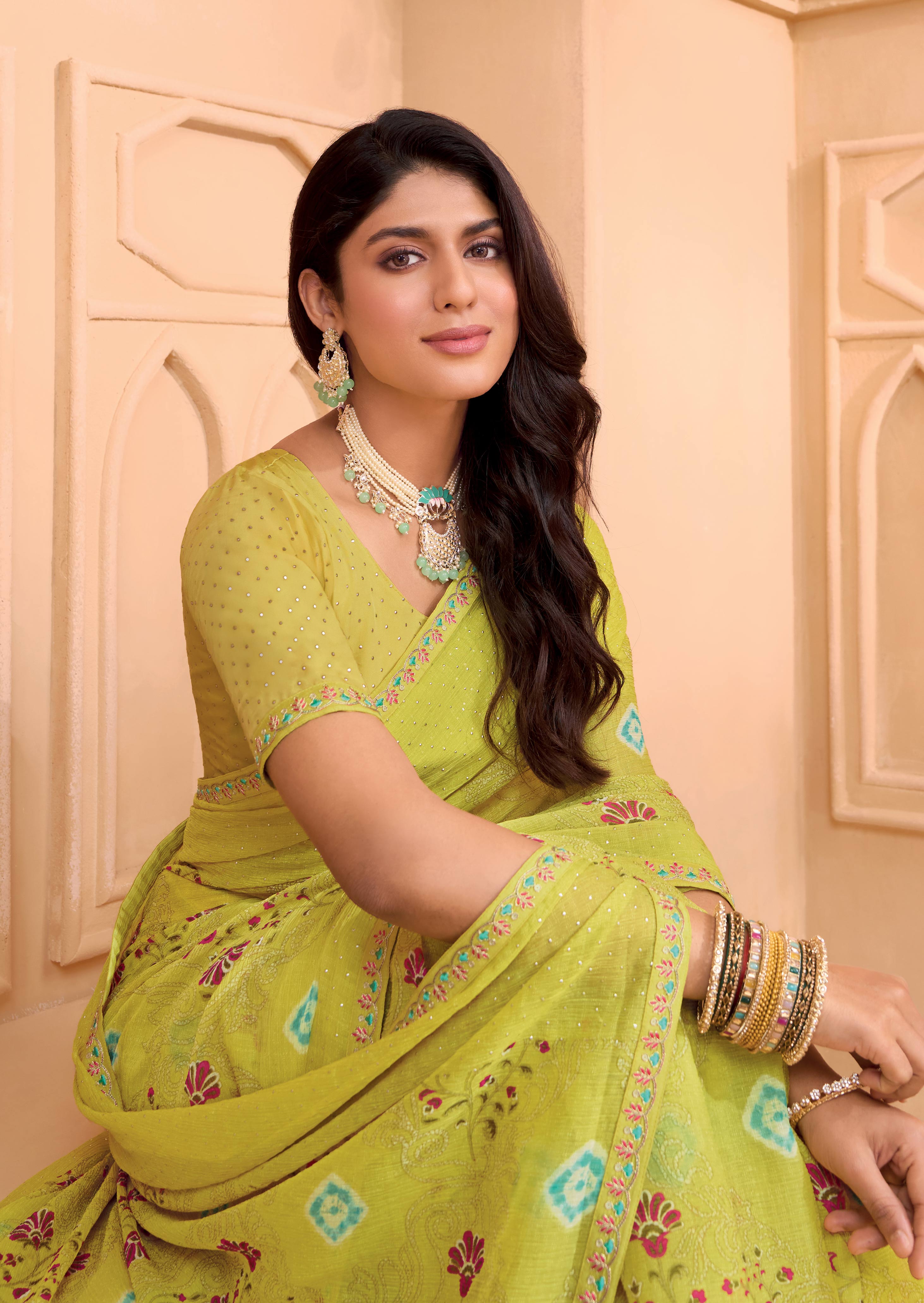 Laxmipati Tohfa Floral Printed Chiffon Saree in Lime Yellow Color