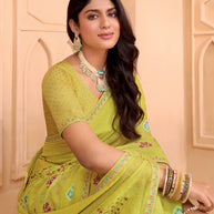 Laxmipati Tohfa Floral Printed Chiffon Saree in Lime Yellow Color