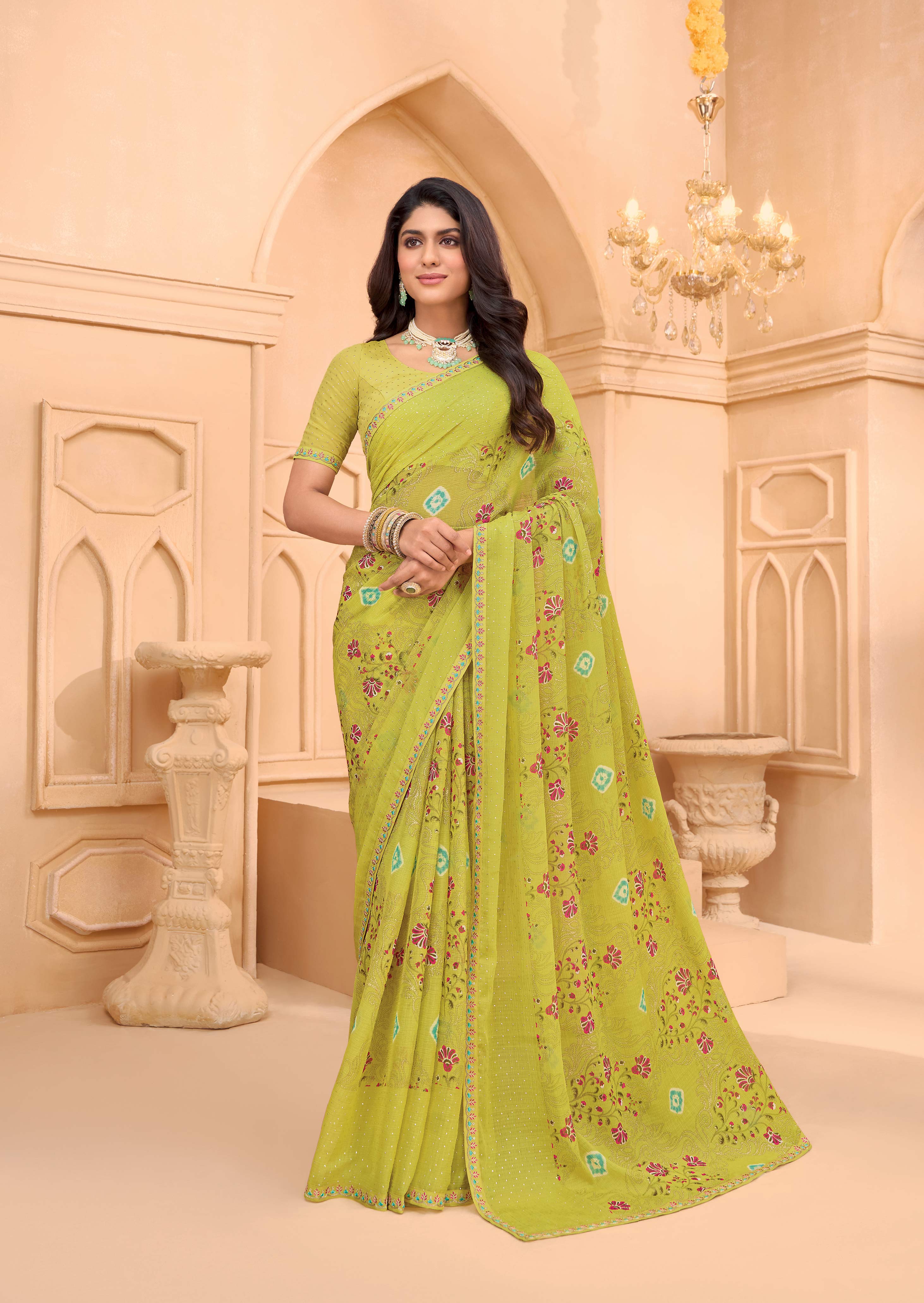 Laxmipati Tohfa Floral Printed Chiffon Saree in Lime Yellow Color