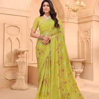 Laxmipati Tohfa Floral Printed Chiffon Saree in Lime Yellow Color