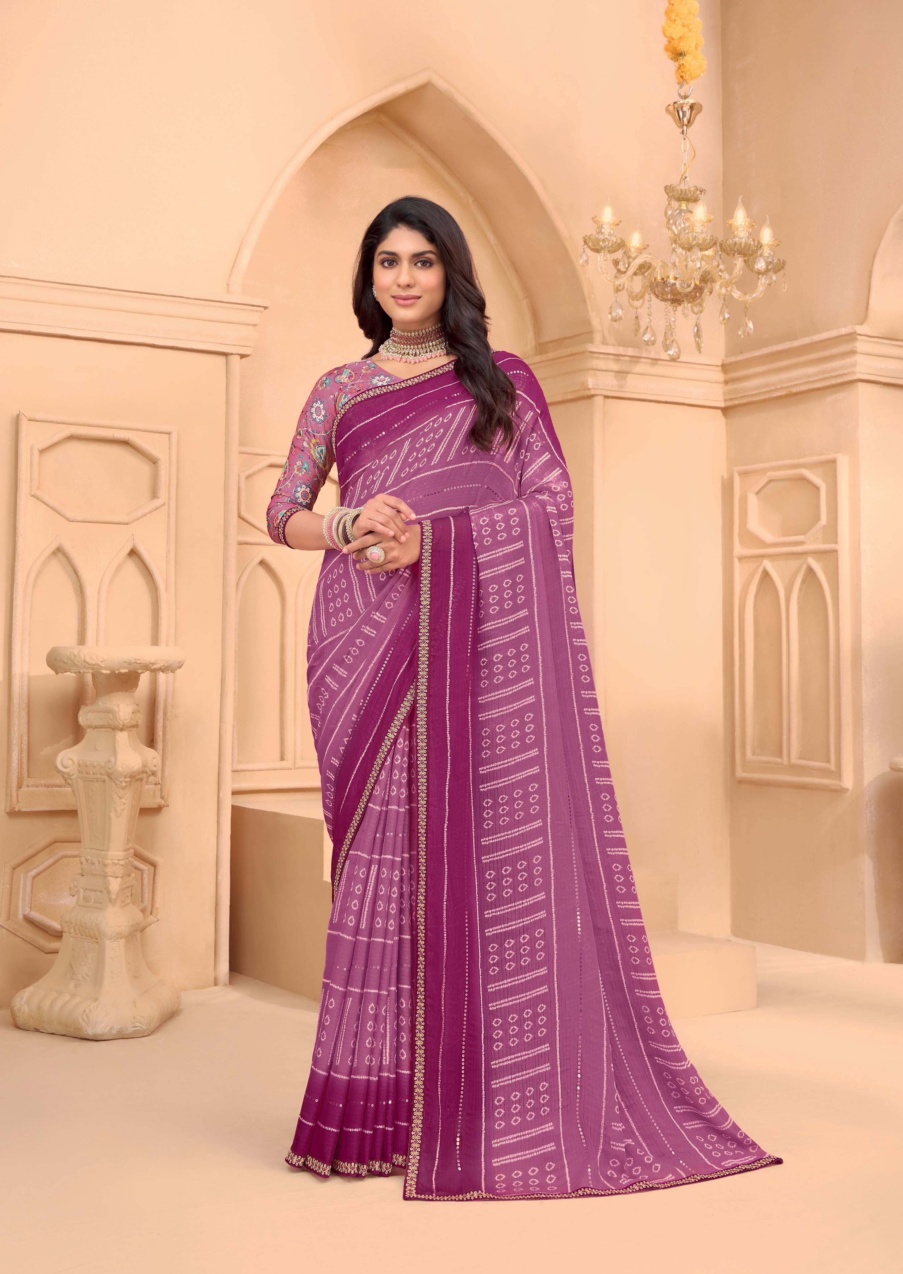 Laxmipati Tohfa Bandhani Printed Chiffon Saree in Purple Color
