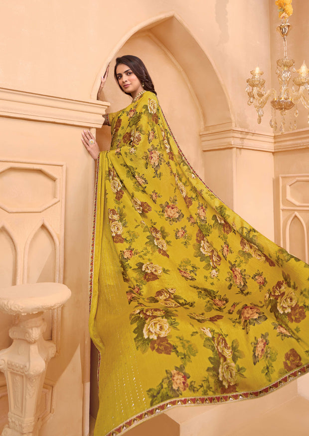 Laxmipati Tohfa Floral Printed Silk Saree in Yellow Color
