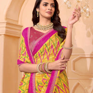 Laxmipati Tohfa Ikkat Printed Chiffon Saree in Yellow Color