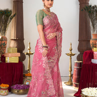 Laxmipati Sanskriti Pink Tissue Organza Floral Embroidered Saree