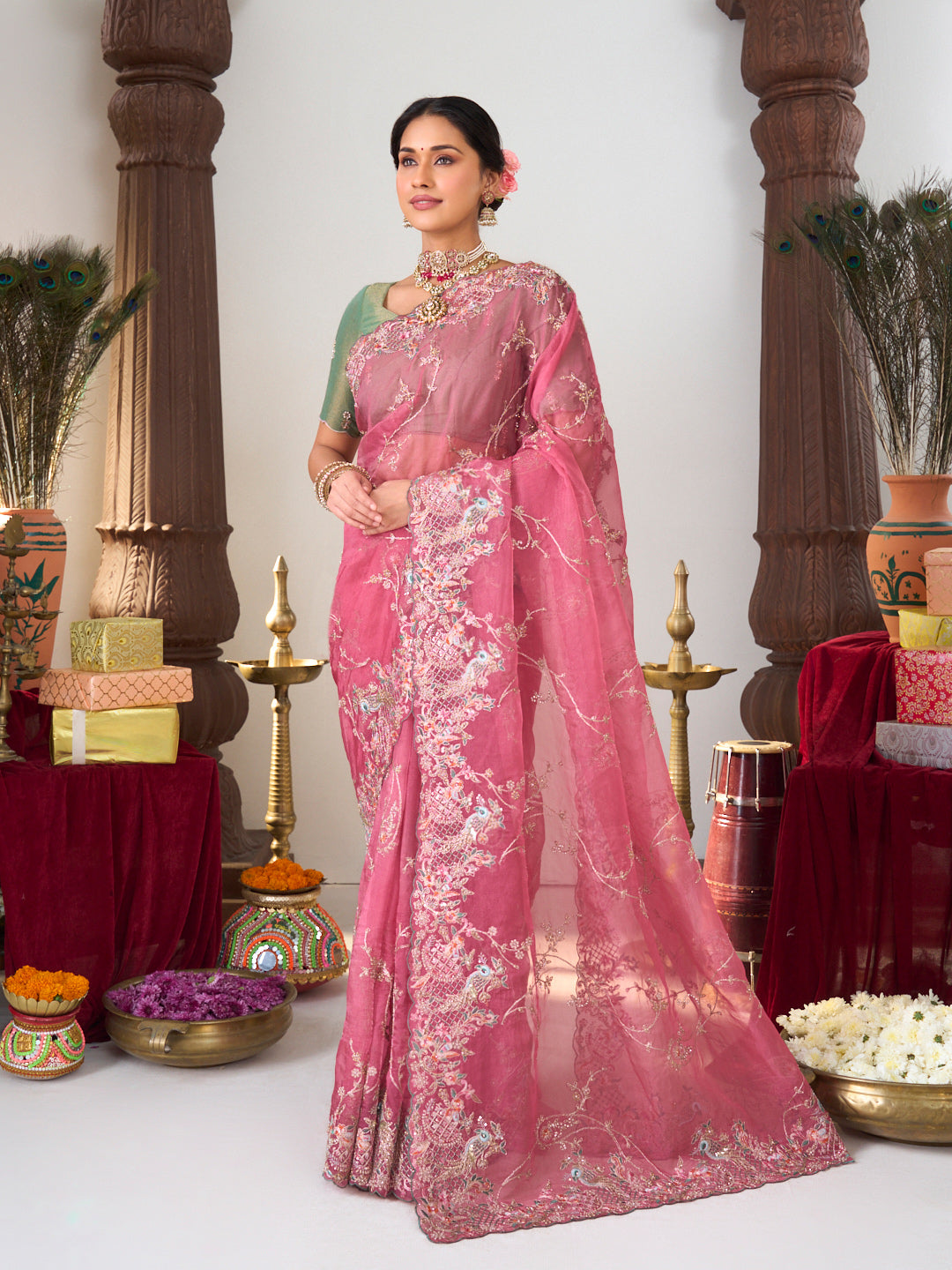 Pink silk embroidered saree 