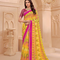 Laxmipati Tohfa Ikkat Printed Chiffon Saree in Yellow Color