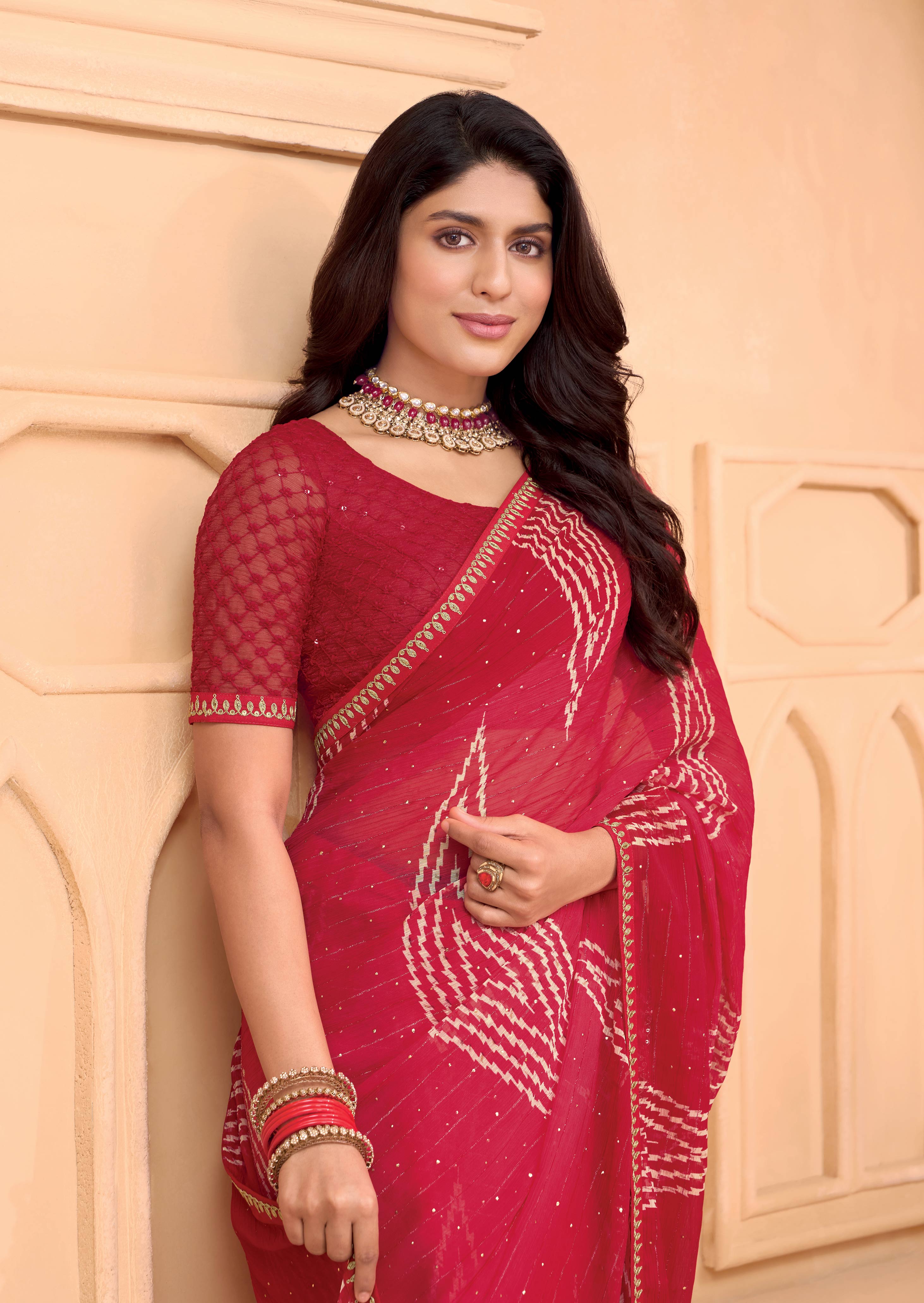 Laxmipati Tohfa Geometric Printed Chiffon Saree in Red Color