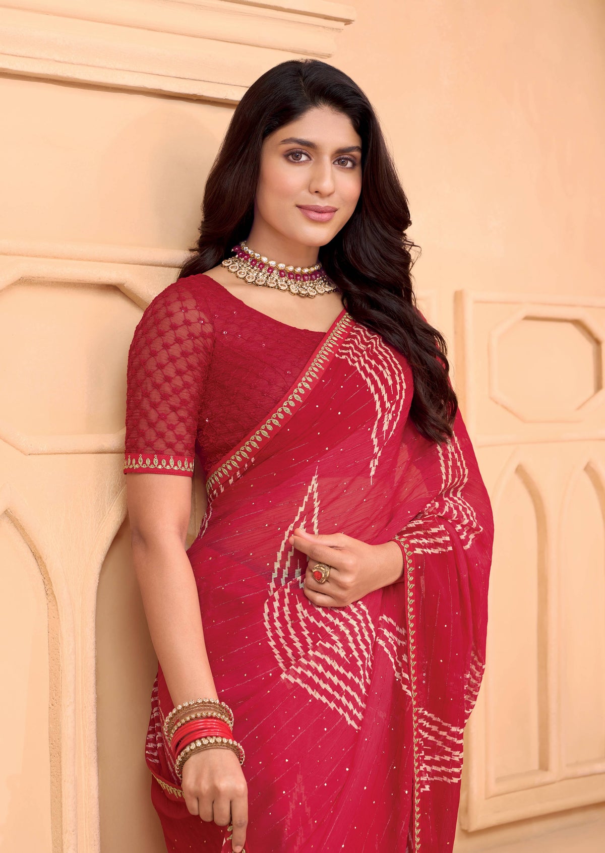 Laxmipati Tohfa Geometric Printed Chiffon Saree in Red Color