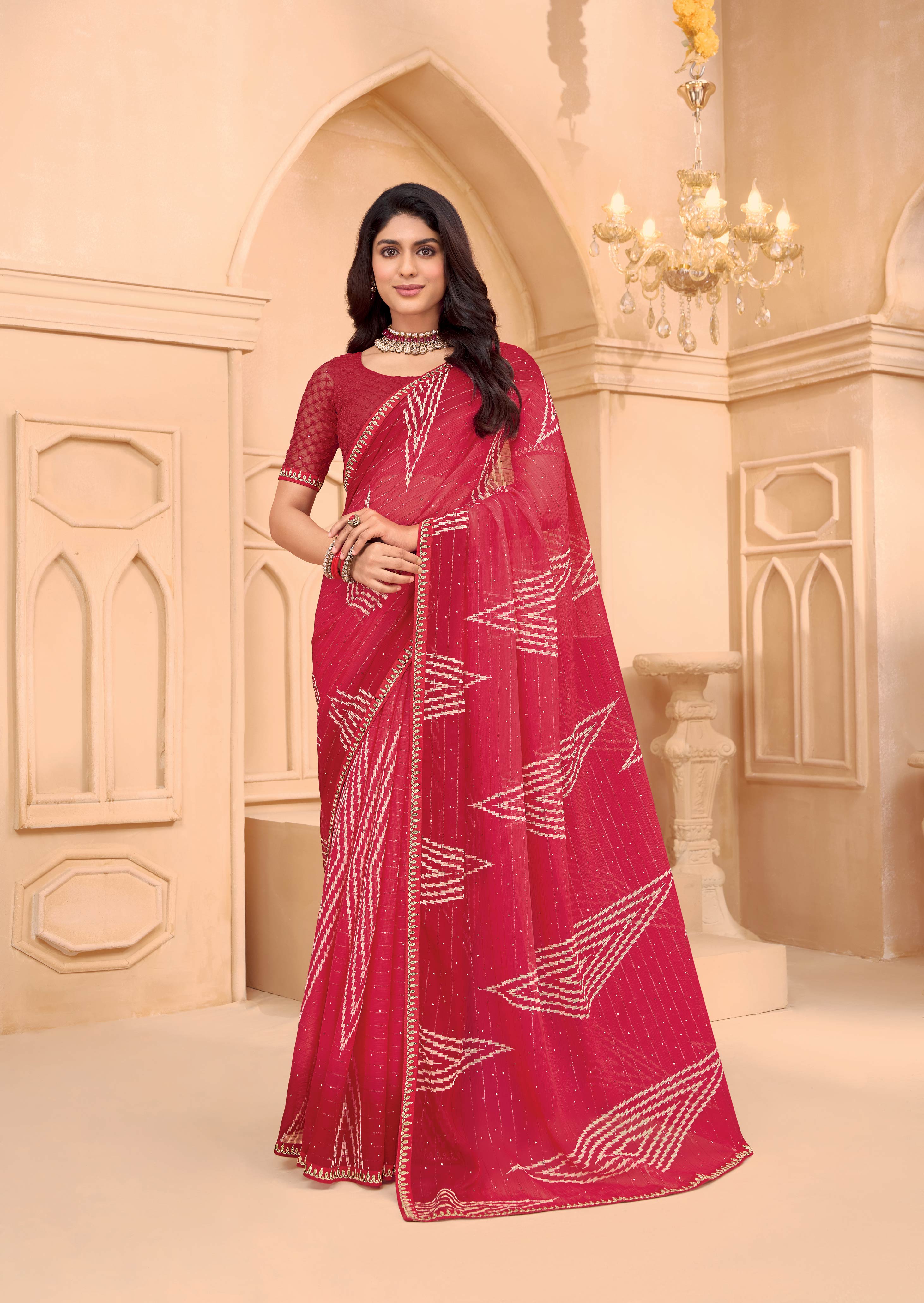 Laxmipati Tohfa Geometric Printed Chiffon Saree in Red Color