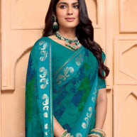 Laxmipati Tohfa Abstract Printed Georgette Saree in Teal Blue Color