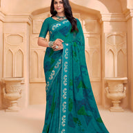 Laxmipati Tohfa Abstract Printed Georgette Saree in Teal Blue Color