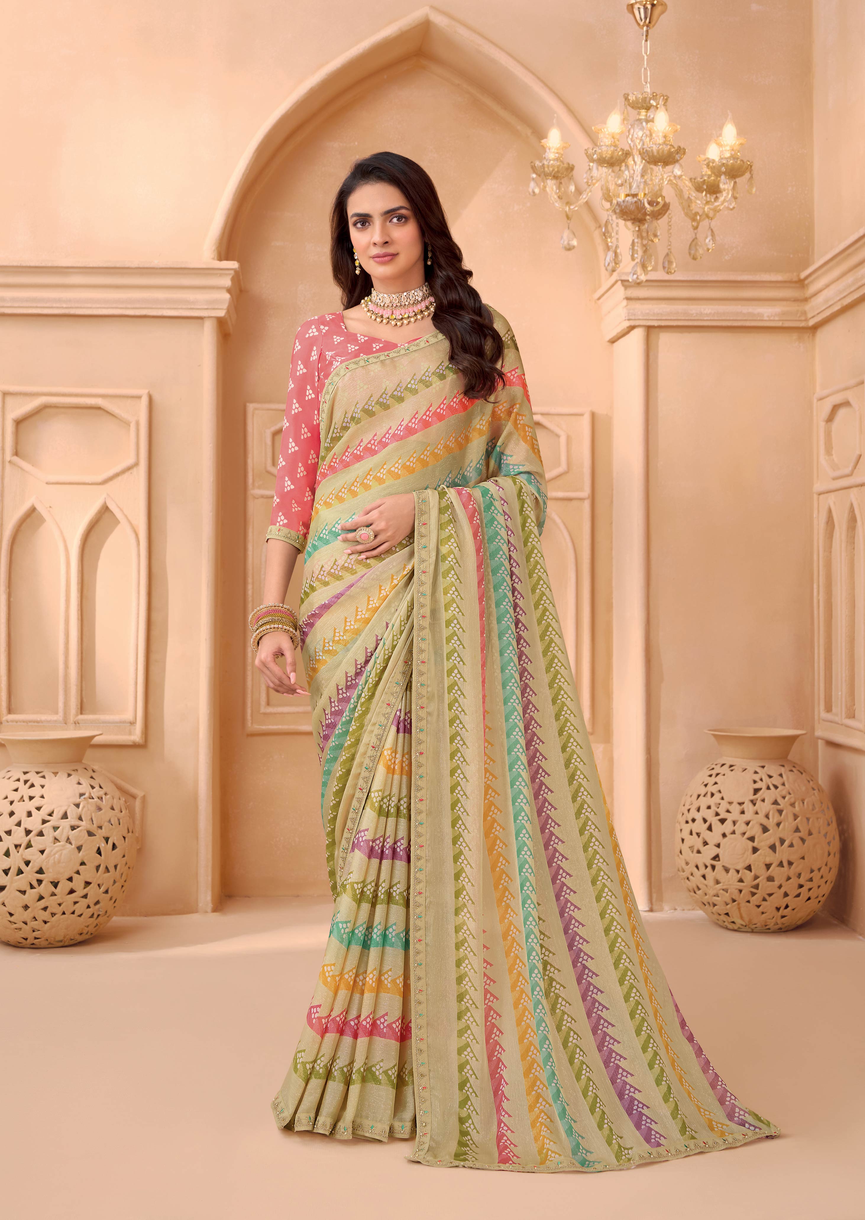 Laxmipati Tohfa Striped Printed Silk Saree in Beige Color