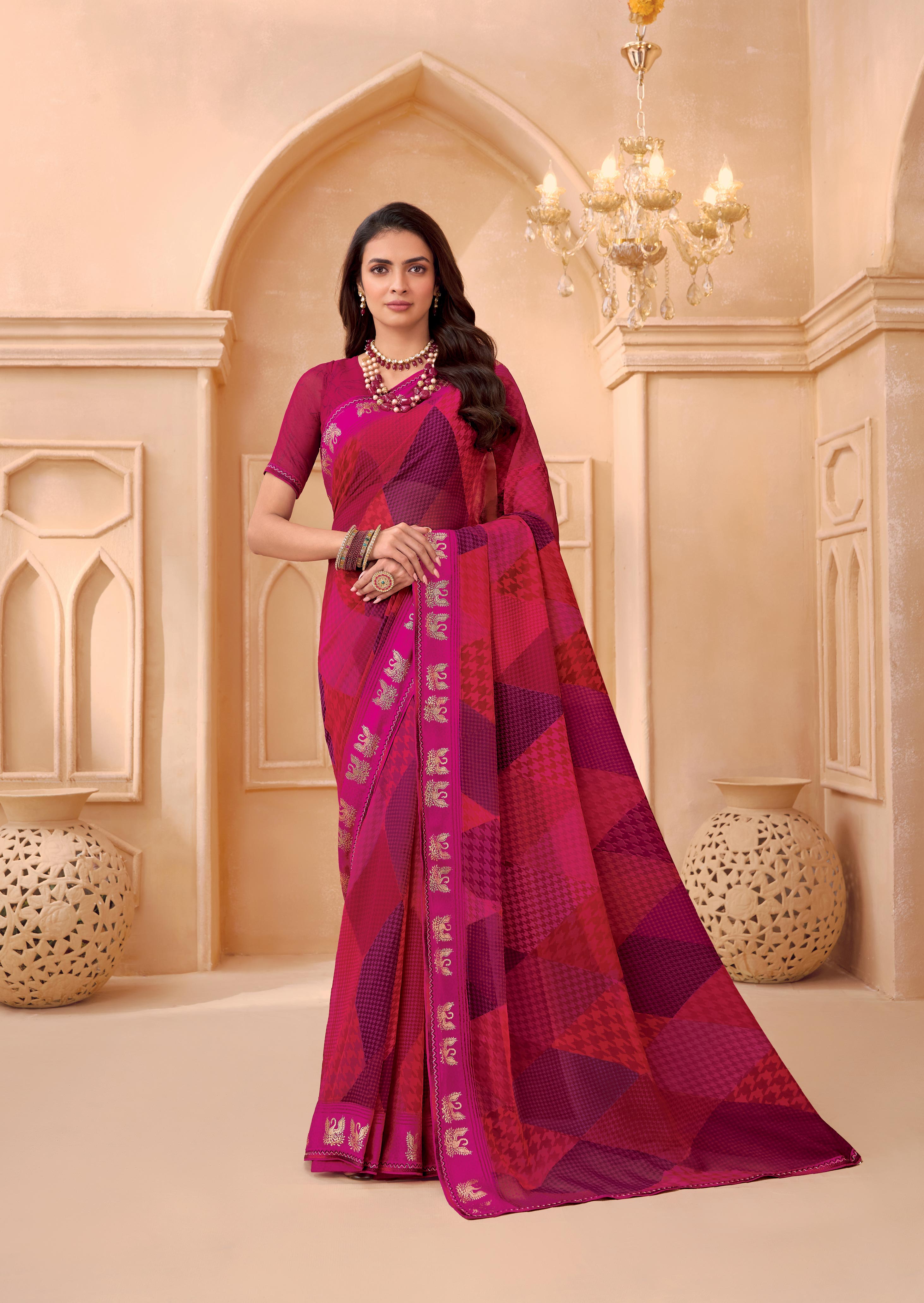 Laxmipati Tohfa Abstract Printed Georgette Saree in Pink Color