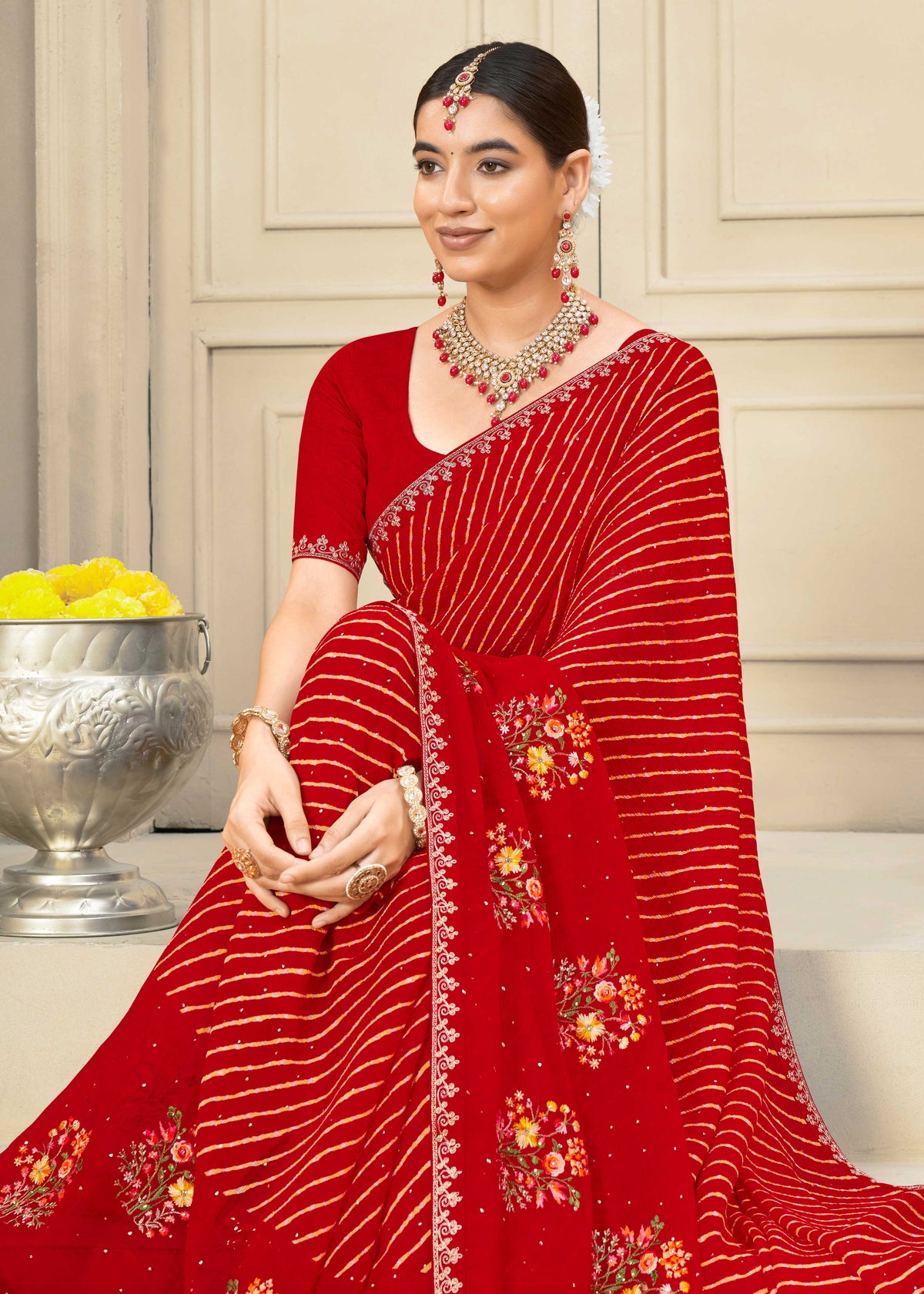 Laxmipati Krack Jack Embroidered Chiffon Saree in Red Color