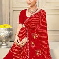 Laxmipati Krack Jack Embroidered Chiffon Saree in Red Color
