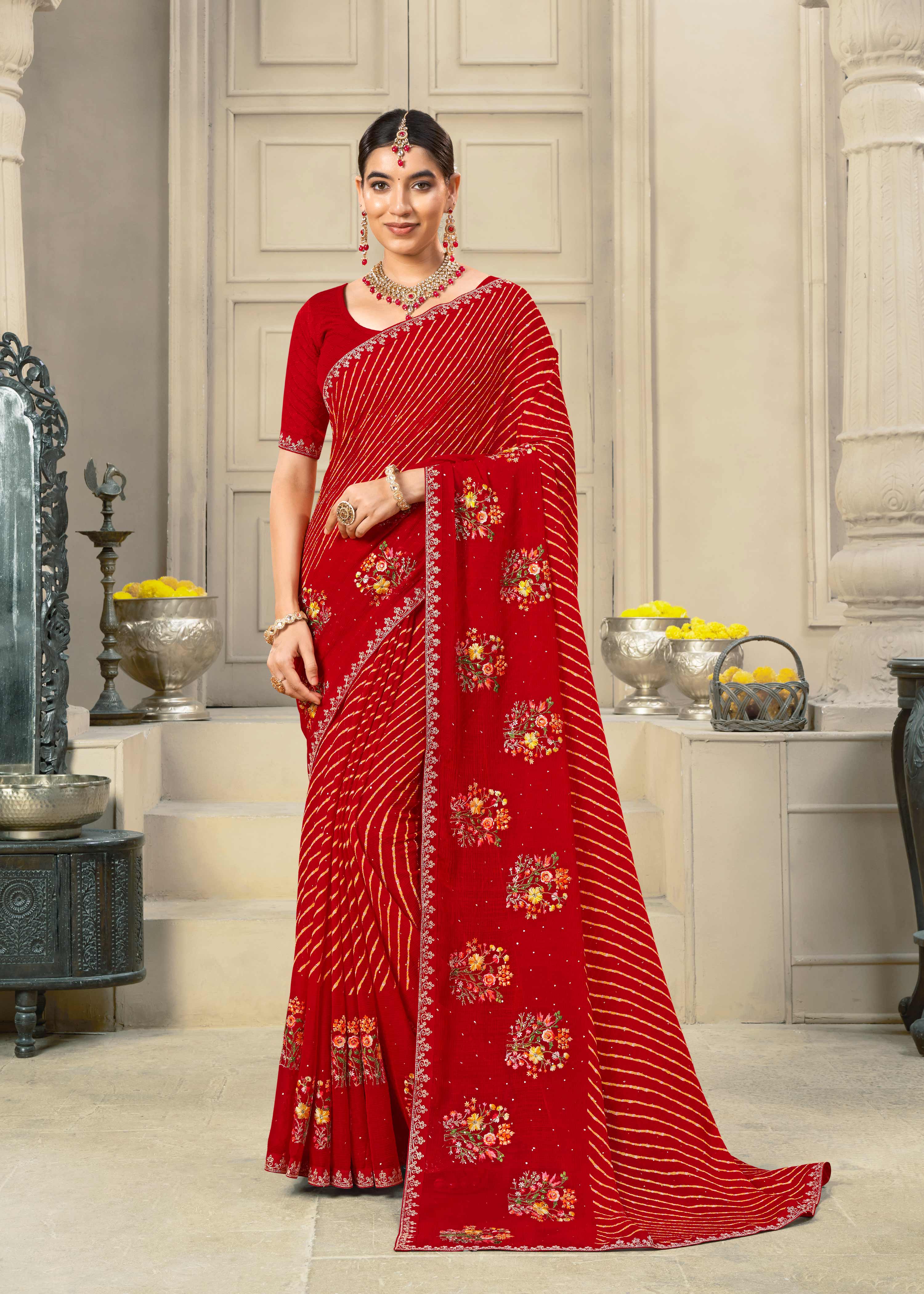 Laxmipati Krack Jack Embroidered Chiffon Saree in Red Color