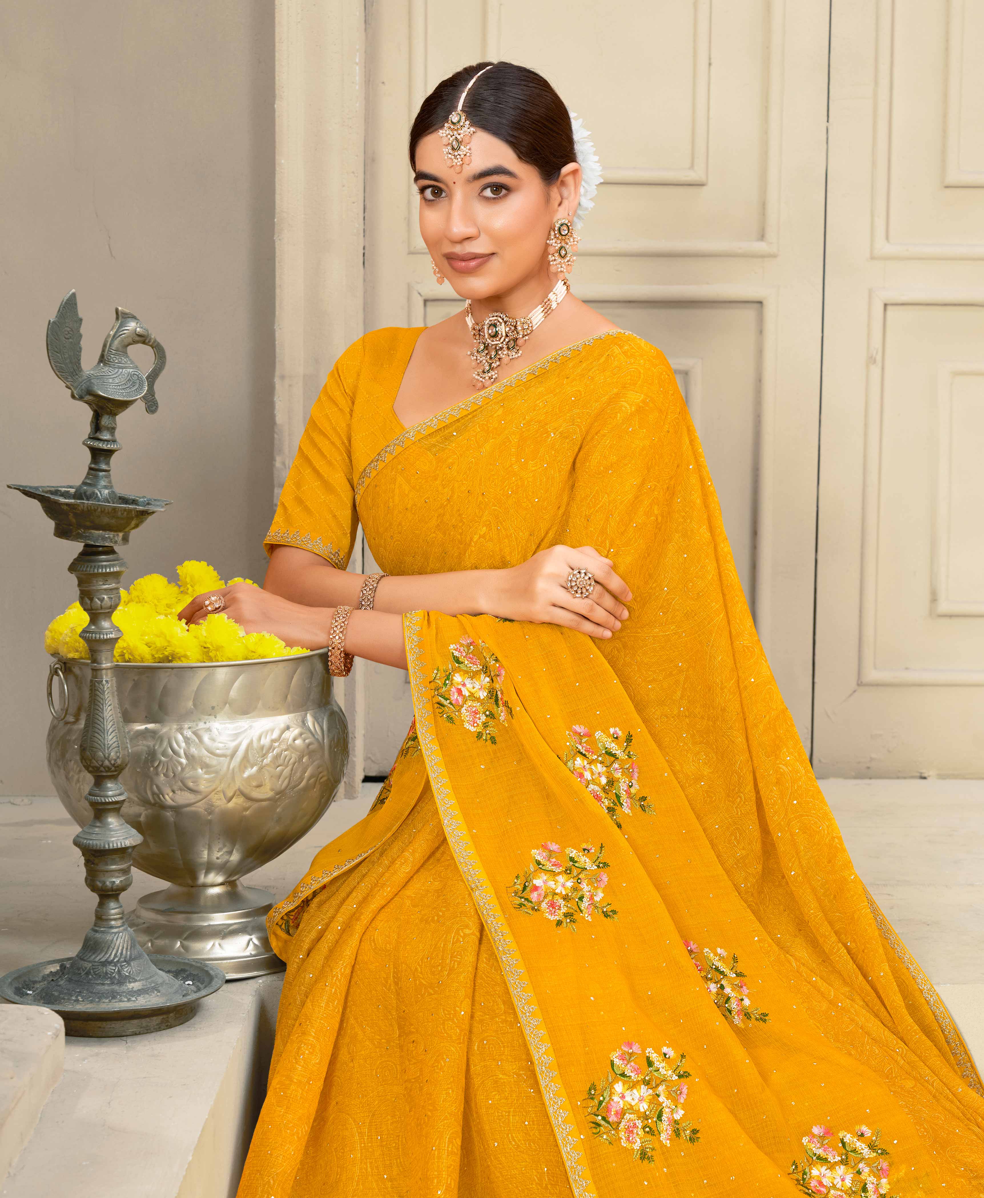 Laxmipati Krack Jack Embroidered Chiffon Saree in Mustard Color