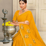 Laxmipati Krack Jack Embroidered Chiffon Saree in Mustard Color