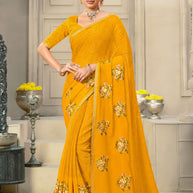 Laxmipati Krack Jack Embroidered Chiffon Saree in Mustard Color