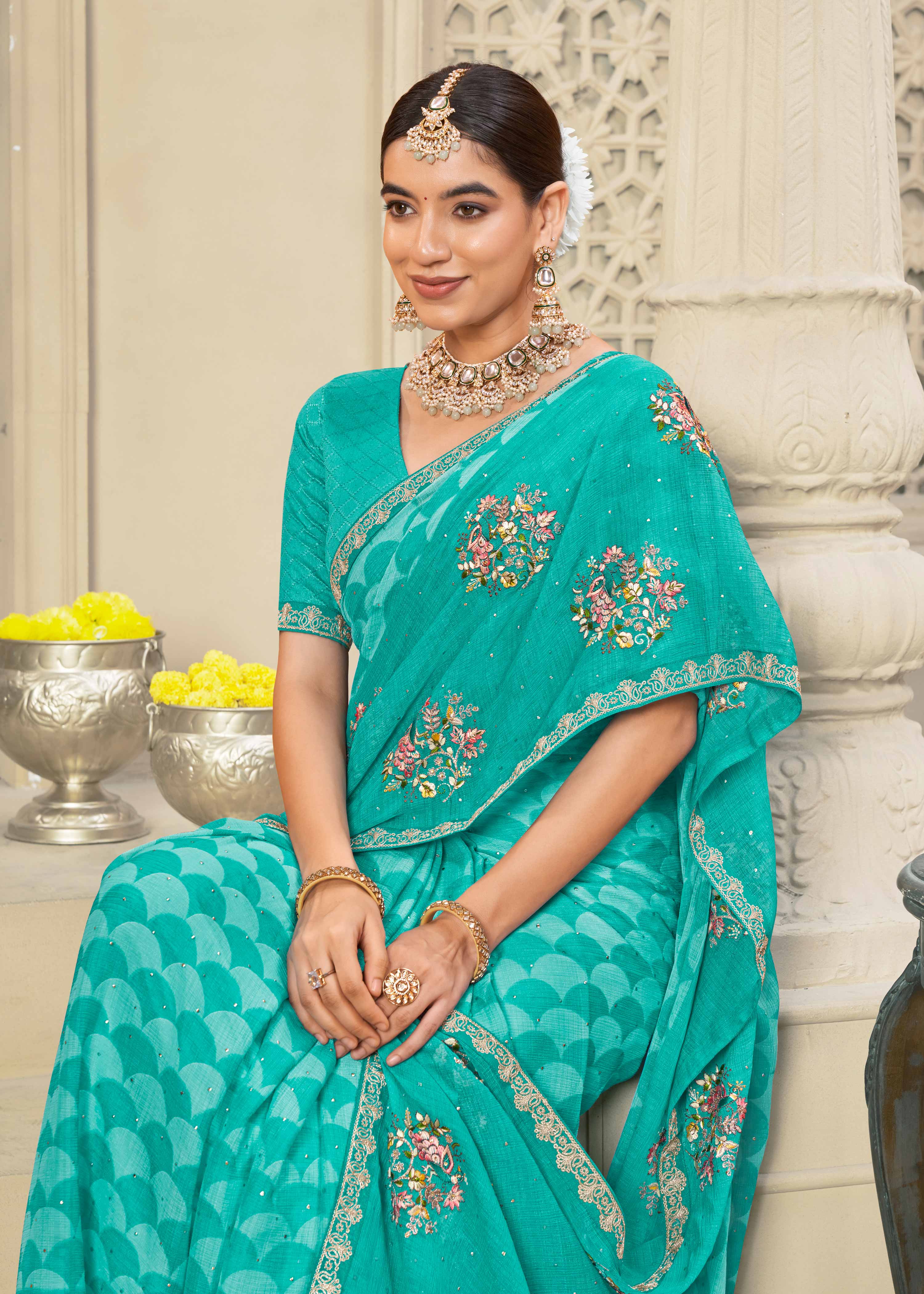 Laxmipati Krack Jack Embroidered Chiffon Saree in Teal Blue Color
