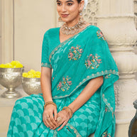 Laxmipati Krack Jack Embroidered Chiffon Saree in Teal Blue Color
