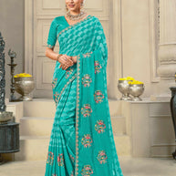 Laxmipati Krack Jack Embroidered Chiffon Saree in Teal Blue Color
