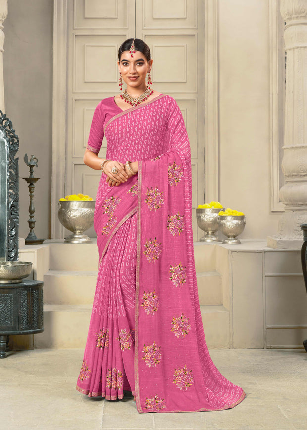 Laxmipati Krack Jack Embroidered Chiffon Saree in Pink Color