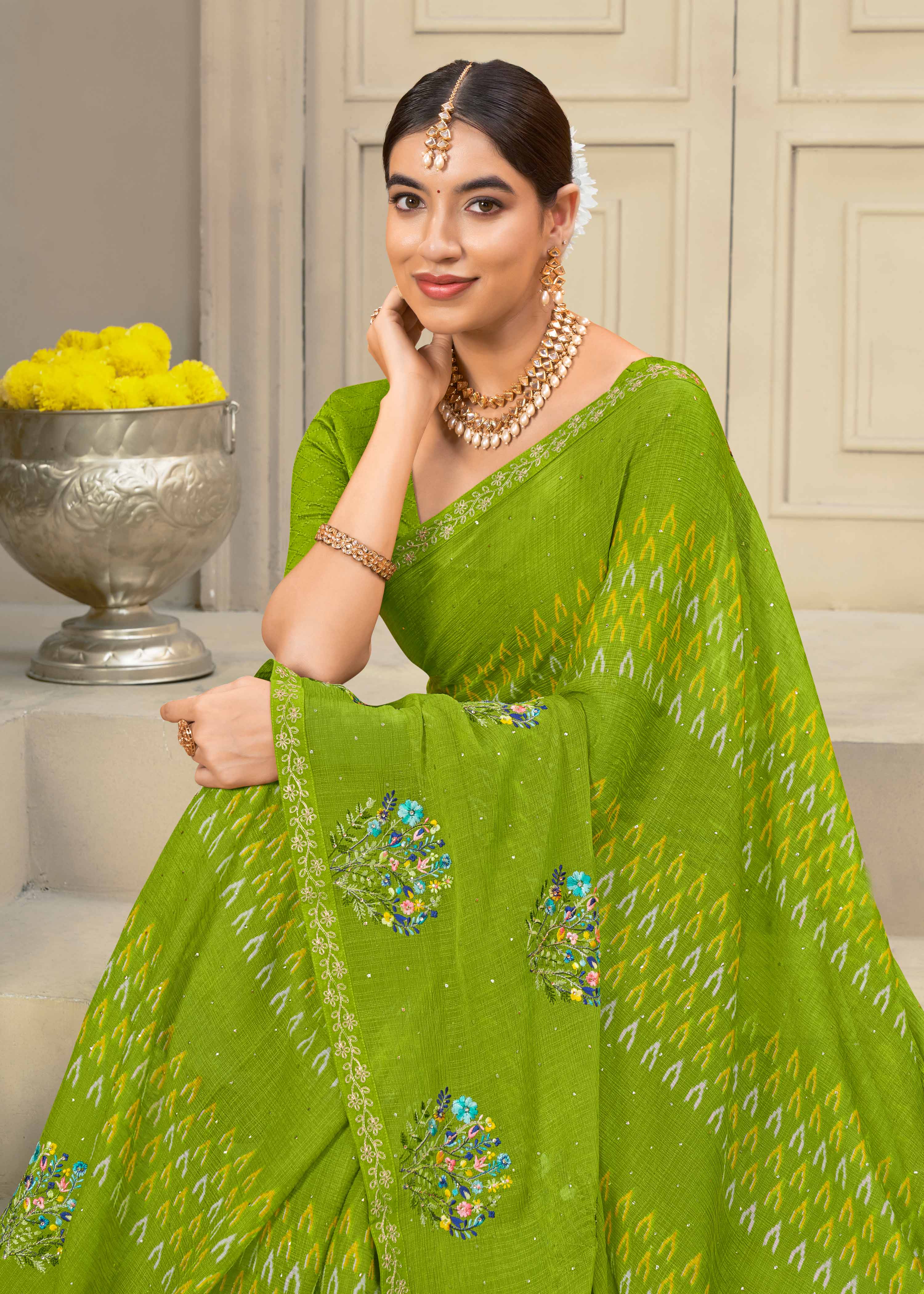 Laxmipati Krack Jack Embroidered Chiffon Saree in Green Color