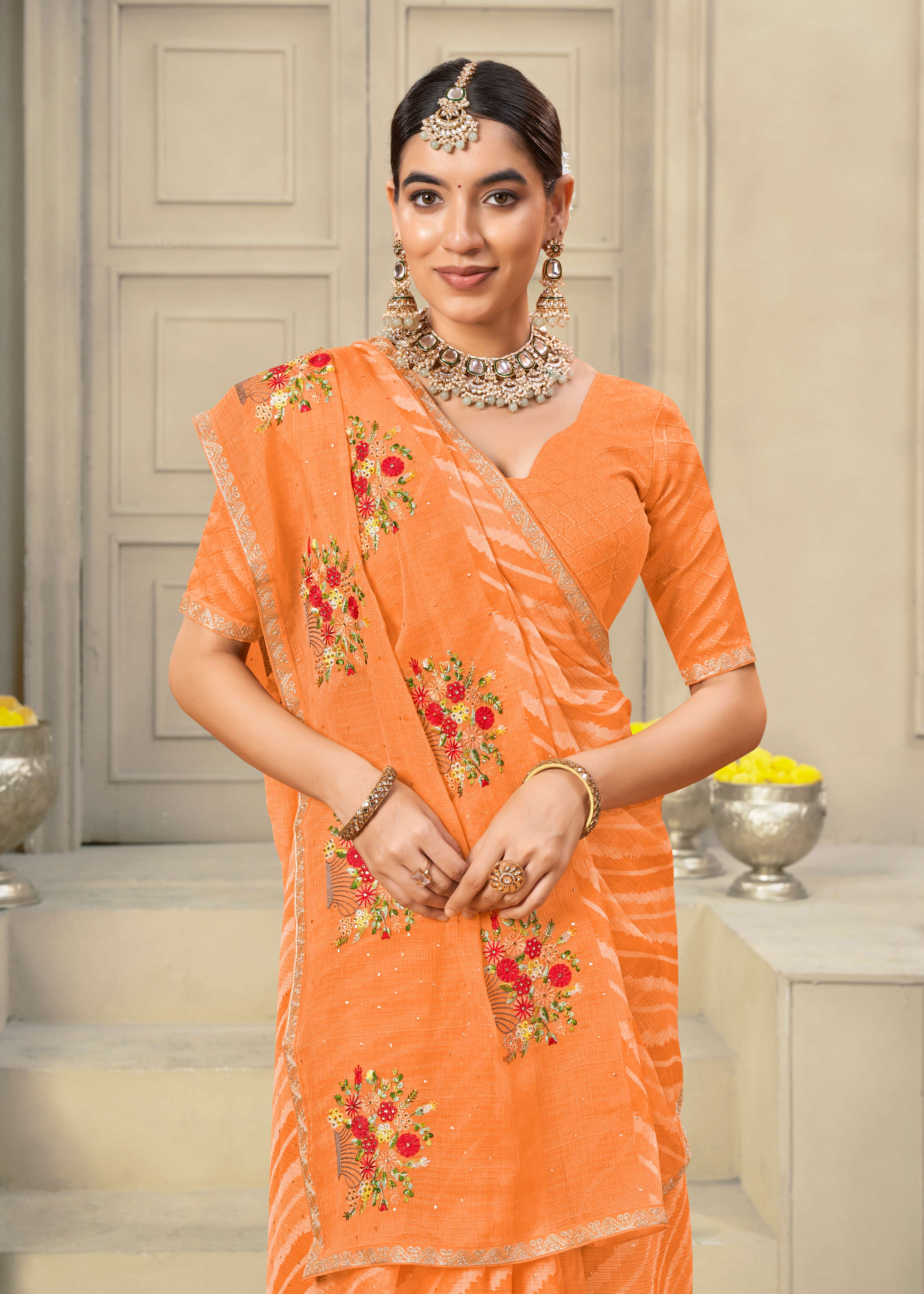 Laxmipati Krack Jack Embroidered Chiffon Saree in Orange Color