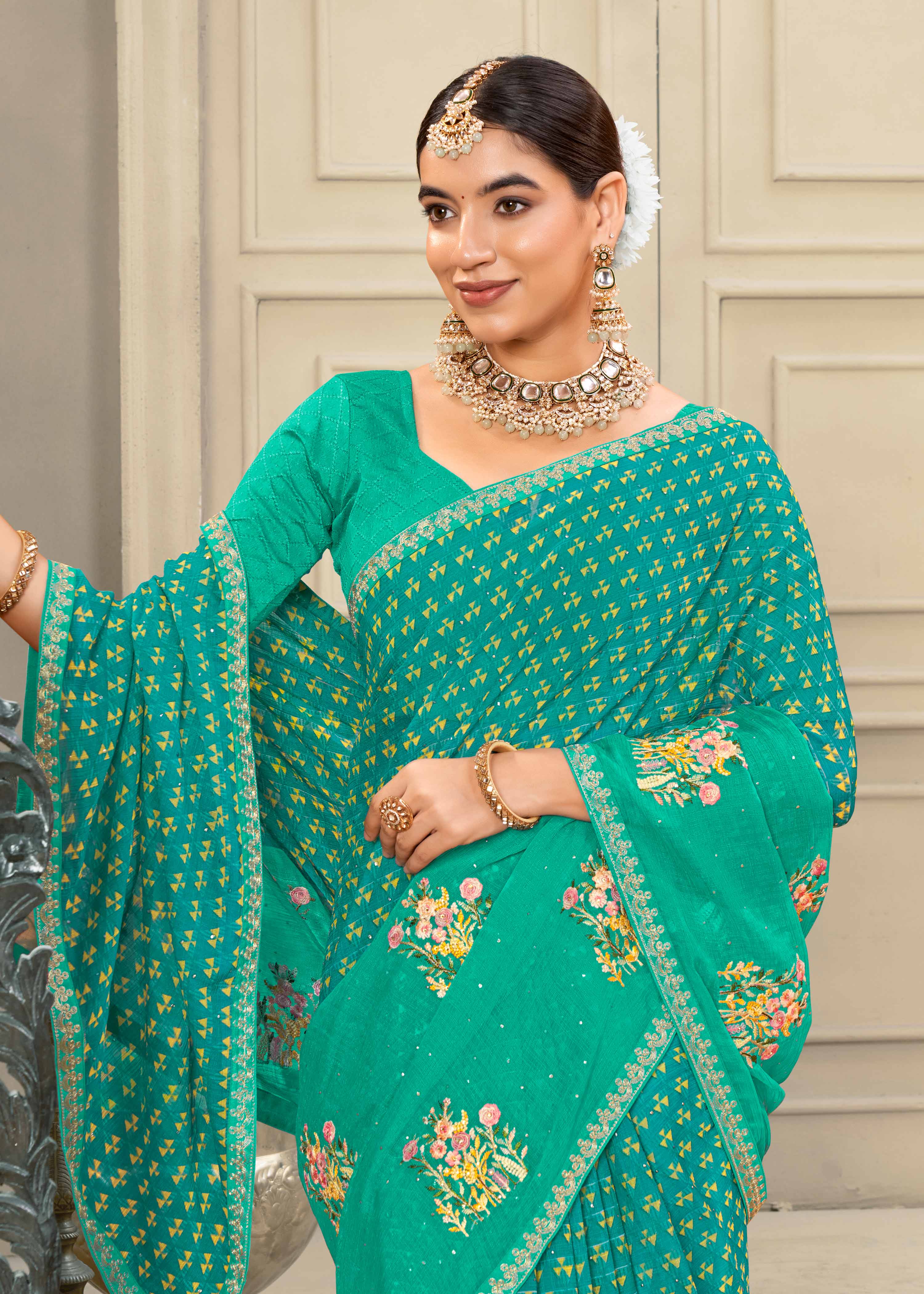 Laxmipati Krack Jack Embroidered Chiffon Saree in Teal Blue Color