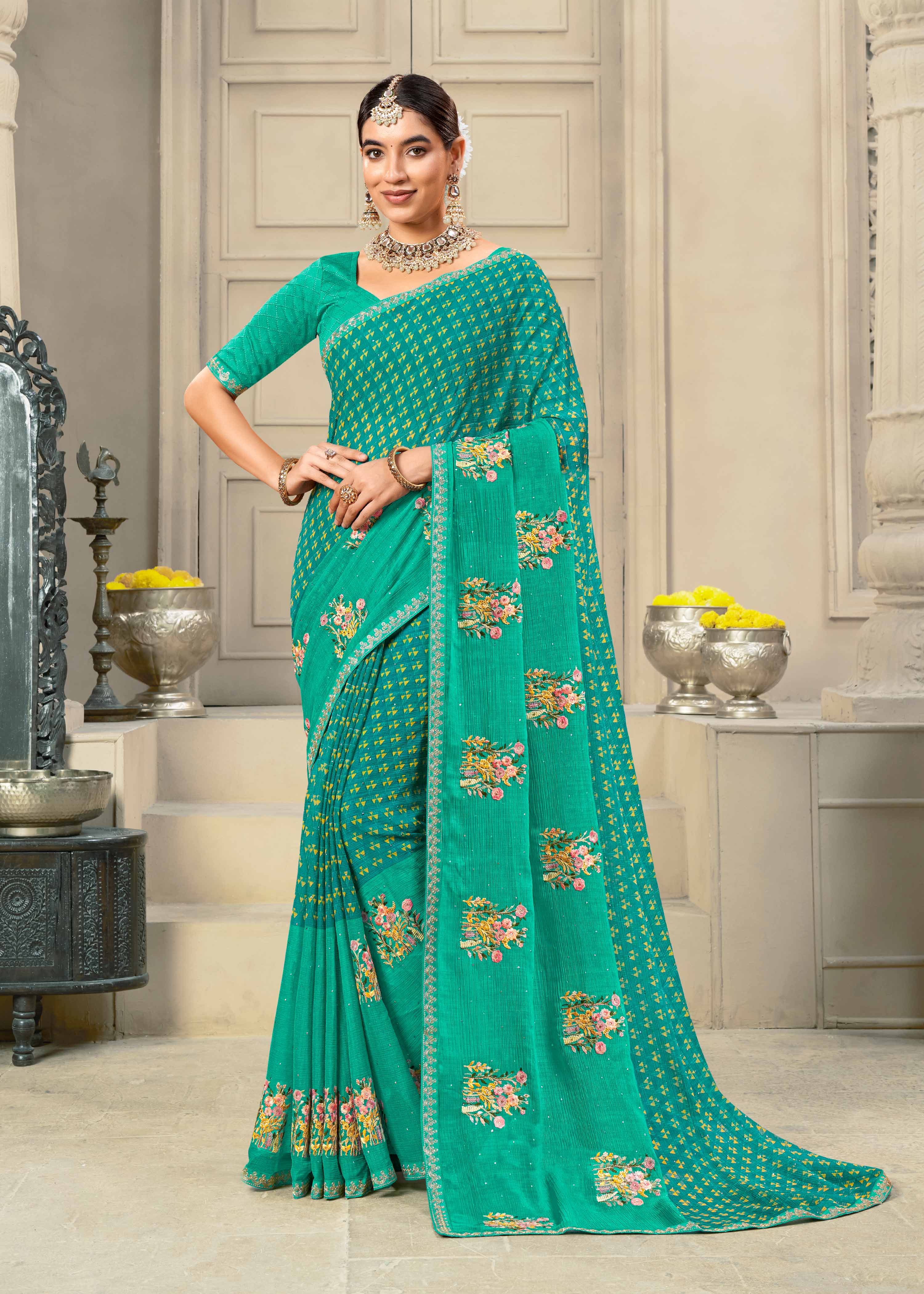 Laxmipati Krack Jack Embroidered Chiffon Saree in Teal Blue Color